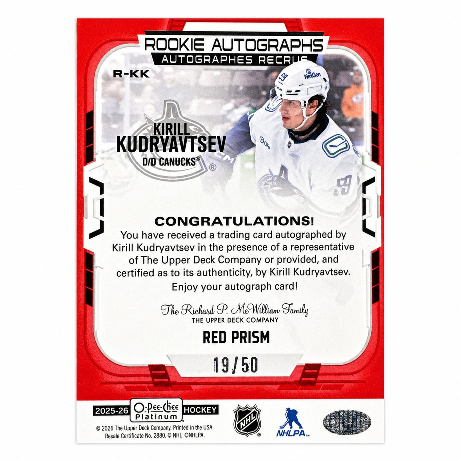2025 O-Pee-Chee Platinum Kirill Kudryavtsev Rookie RC Auto Red Prism /50