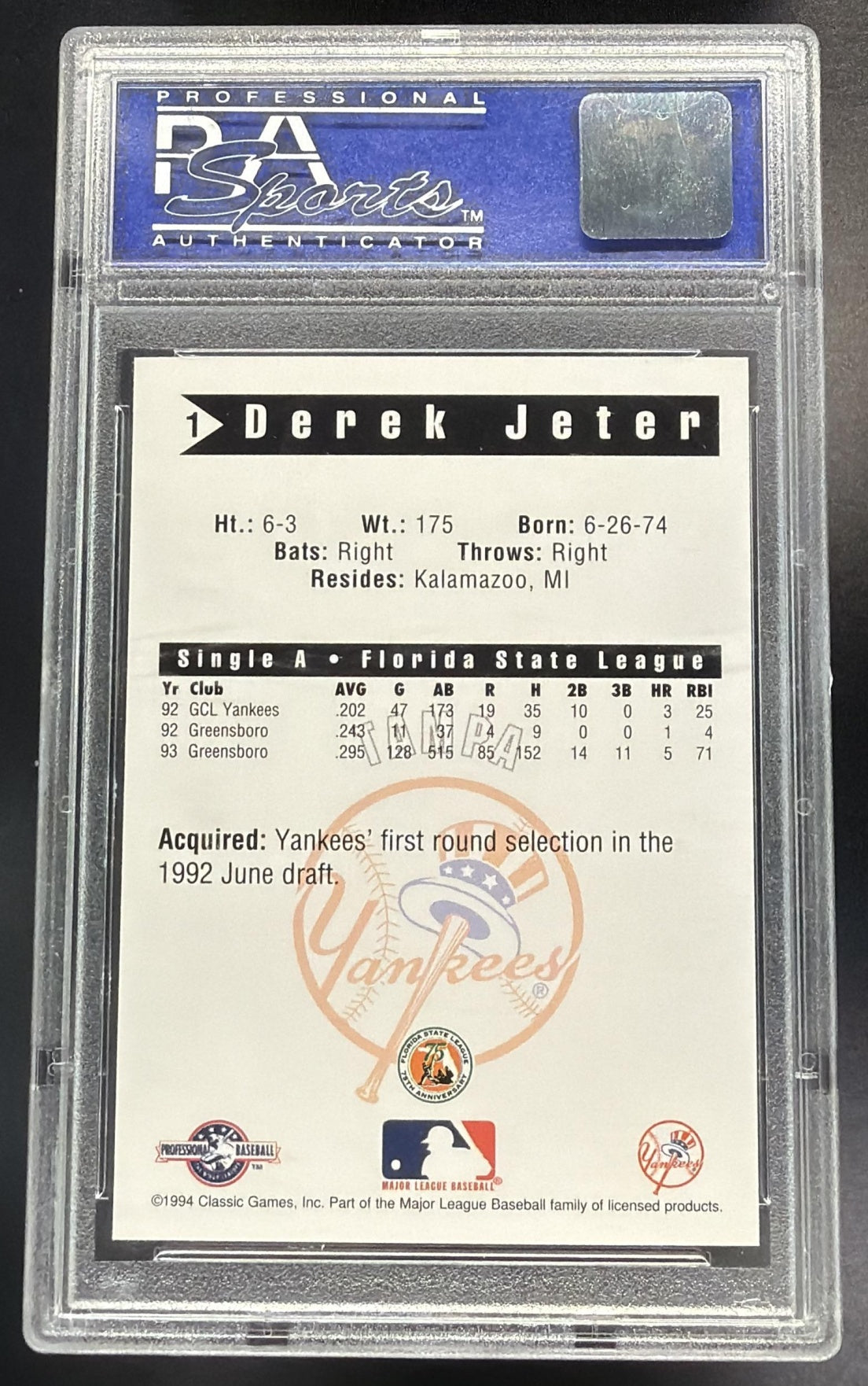 1994 Classic Tampa Yankees Derek Jeter #1 PSA 9