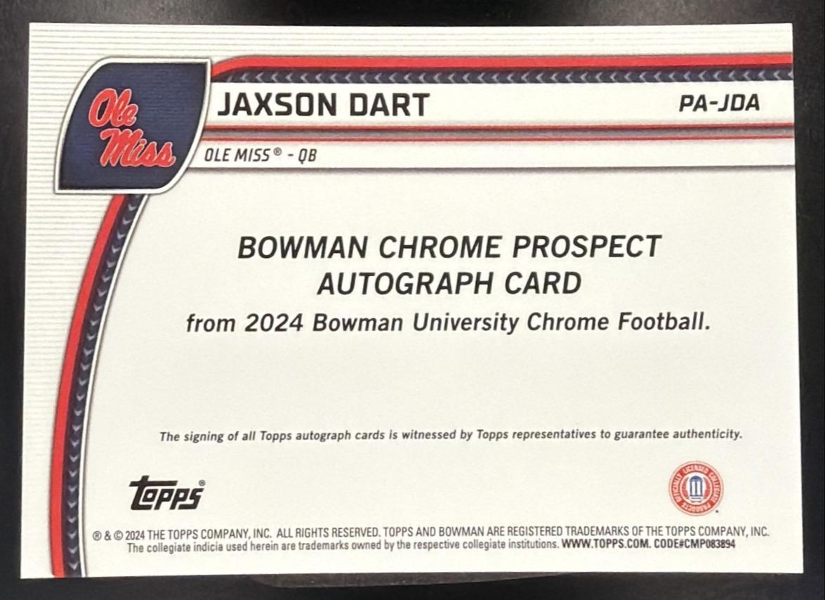2024 Bowman Chrome University Jaxson Dart #PA-JDA Prospect Auto Rebels