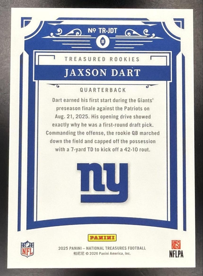 2025 Panini National Treasures Jaxson Dart #31 Treasured Rookies 34/99 RC Giants