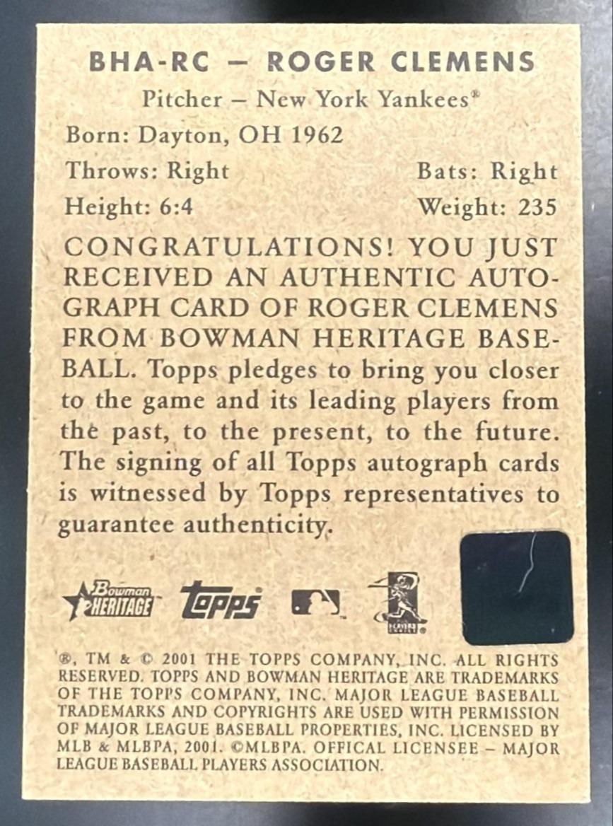 2001 Bowman Heritage Roger Clemens #BHA-RC Auto Yankees