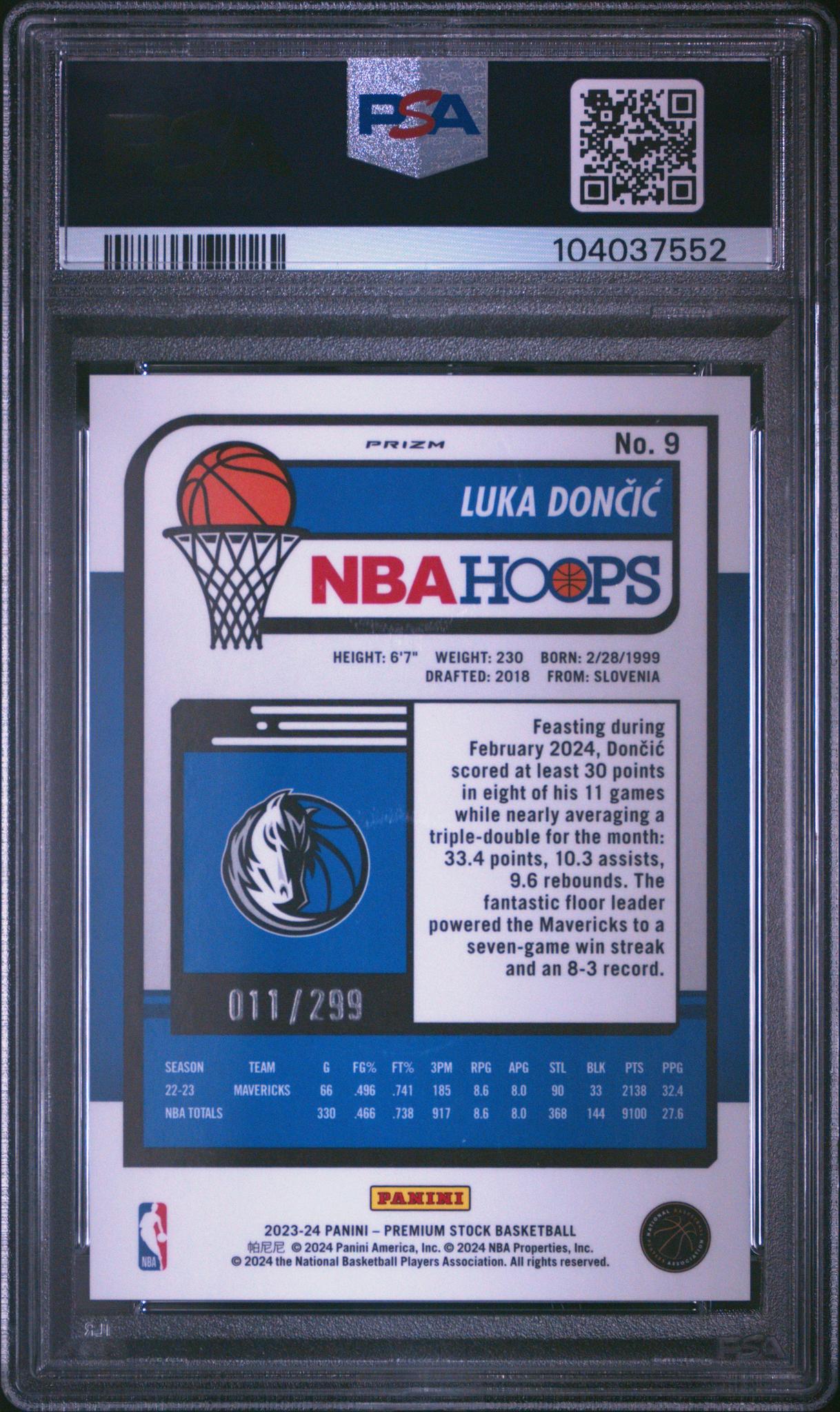 2023 Panini Hoops Premium Stock Orange Prizm Luka Doncic #9 /299 PSA 10