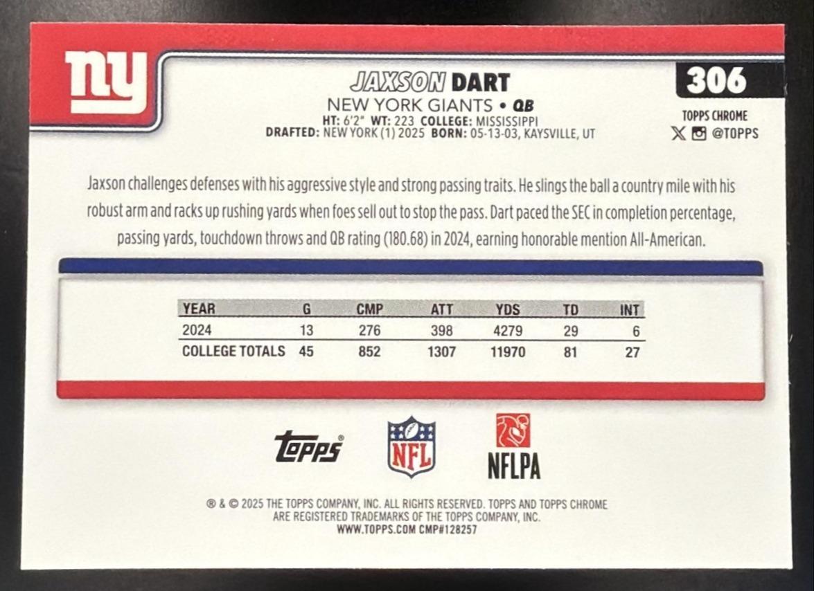 2025 Topps Chrome Jaxson Dart #306 Rookie Hot Pink X-Fractor RC Giants