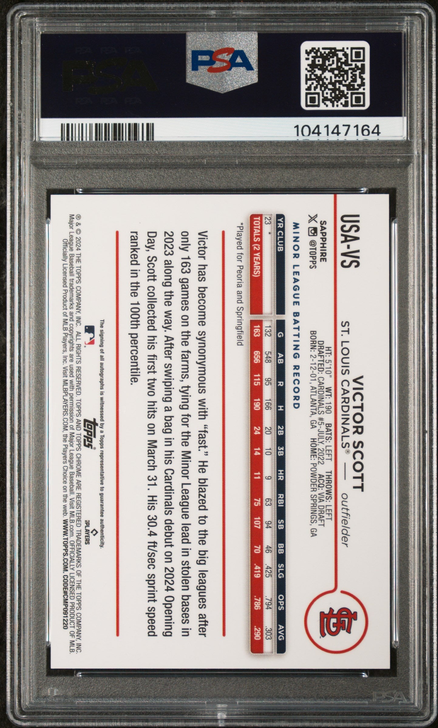 2024 Topps Chrome Sapphire Victor Scott #USA-VS RC Auto /199 PSA 9