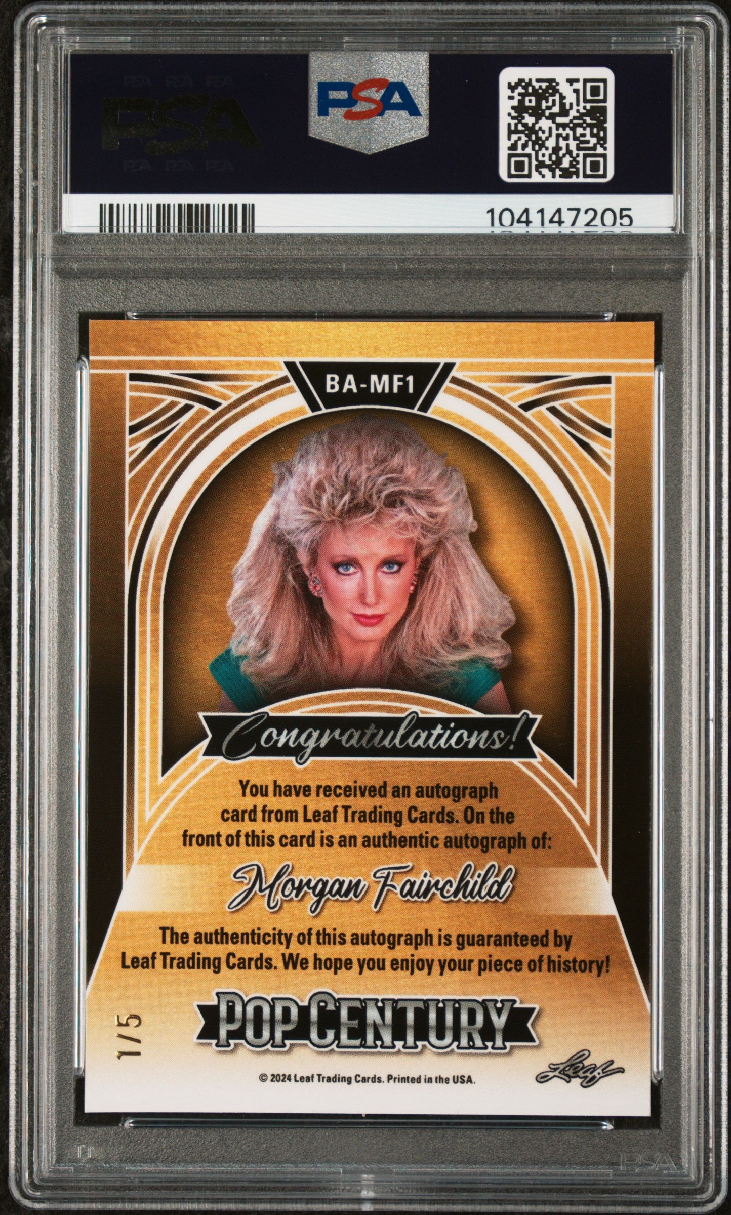 2024 Leaf Metal Pop Century Autographs #BAMF1 Morgan Fairchild Auto-Red Diagonal Shimmer PSA 9