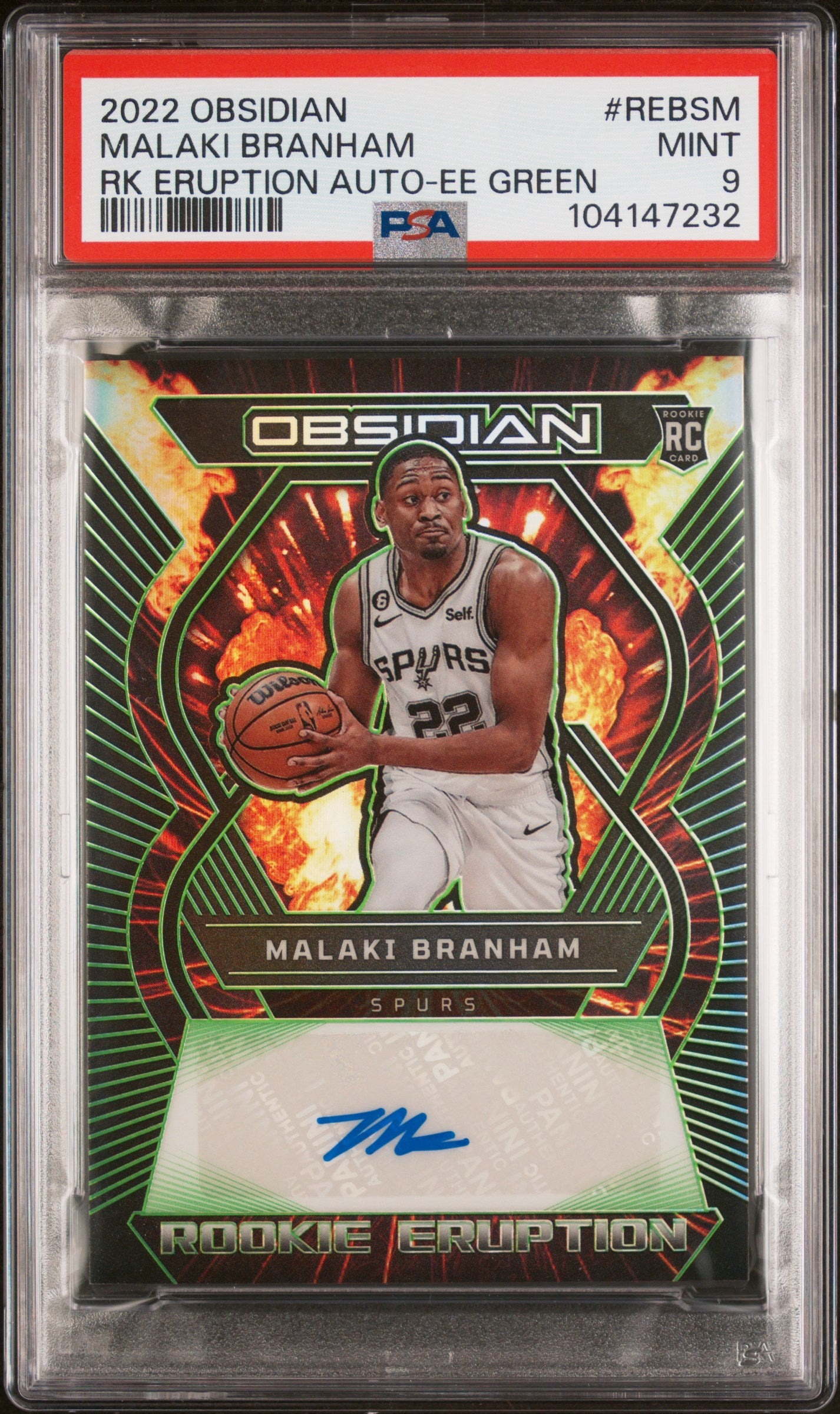 2022 Panini Obsidian Rookie Eruption Autographs #REBSM Malaki Branham Electric Etch Green PSA 9