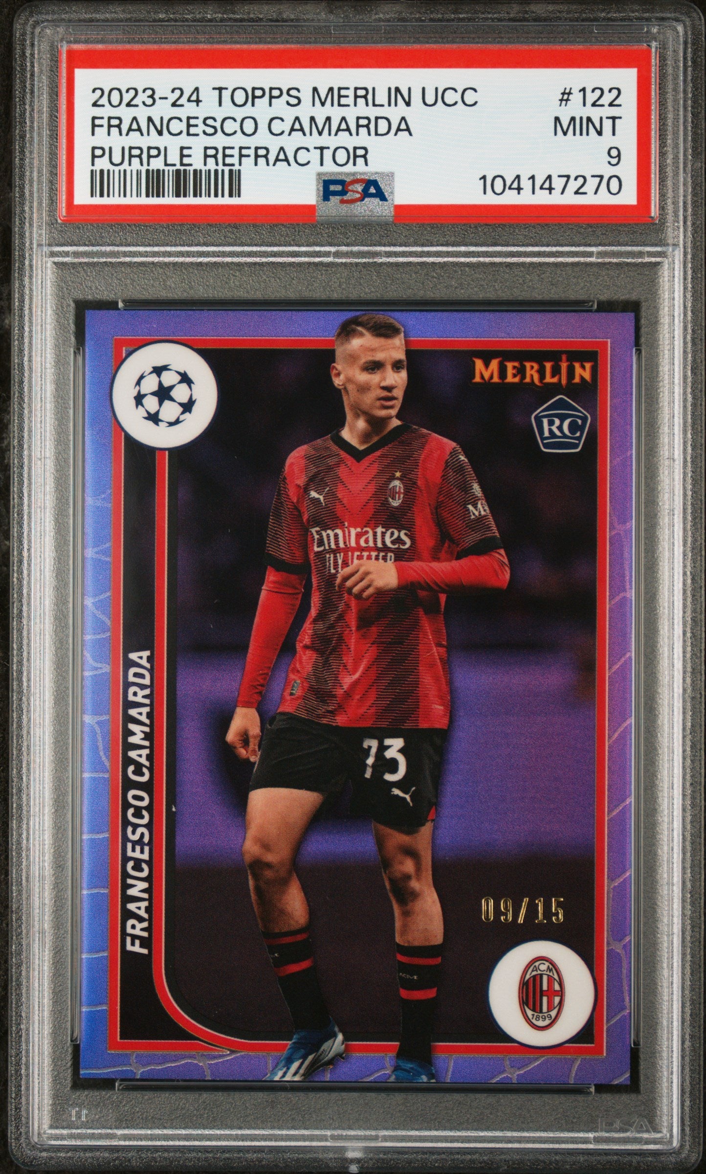 2023 Topps Merlin UEFA Club Competitions #122 Francesco Camarda Purple Refractor PSA 9