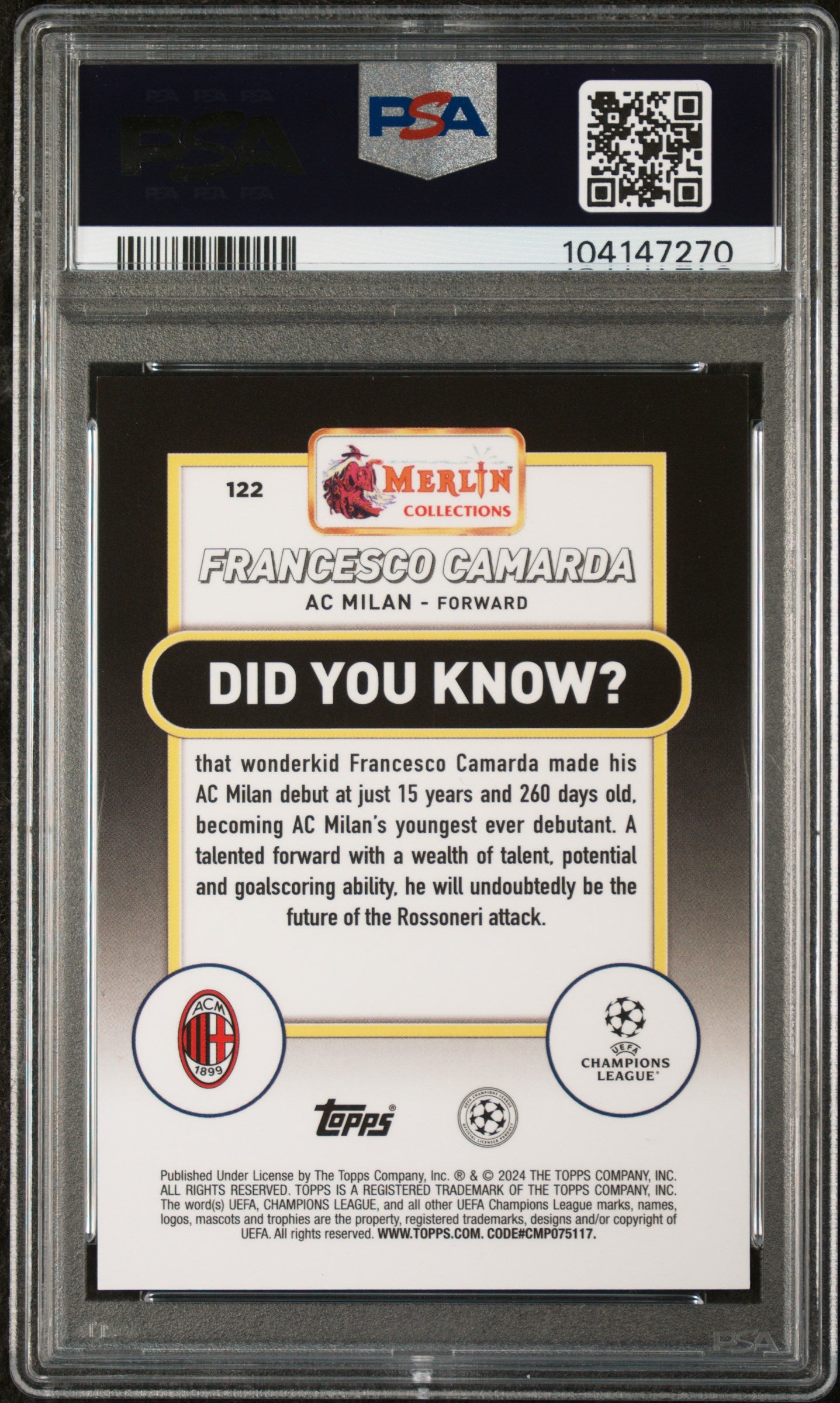 2023 Topps Merlin UEFA Club Competitions #122 Francesco Camarda Purple Refractor PSA 9