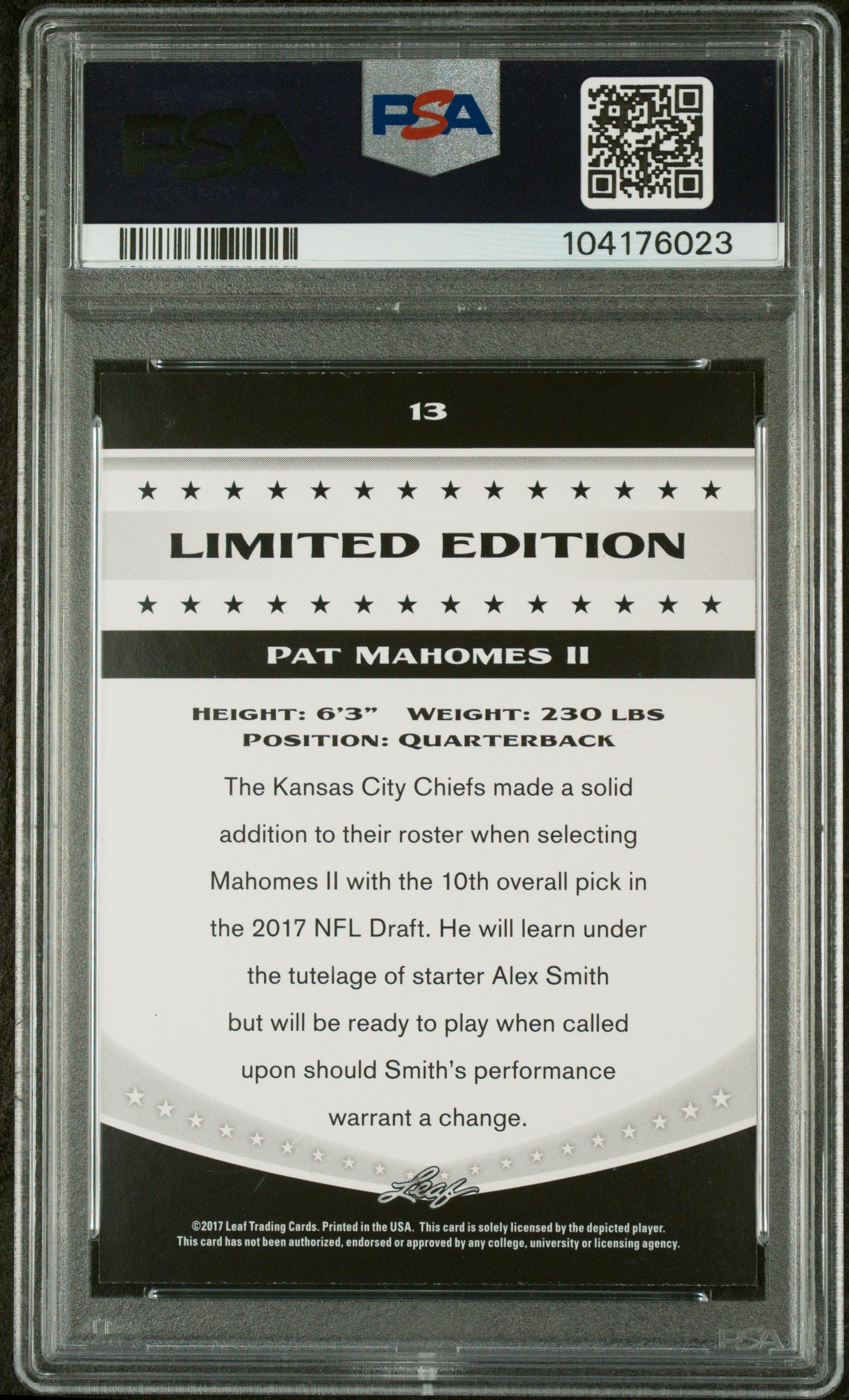 2017 Leaf Special Release Limited Edition Pat Mahomes II #13 PSA 10
