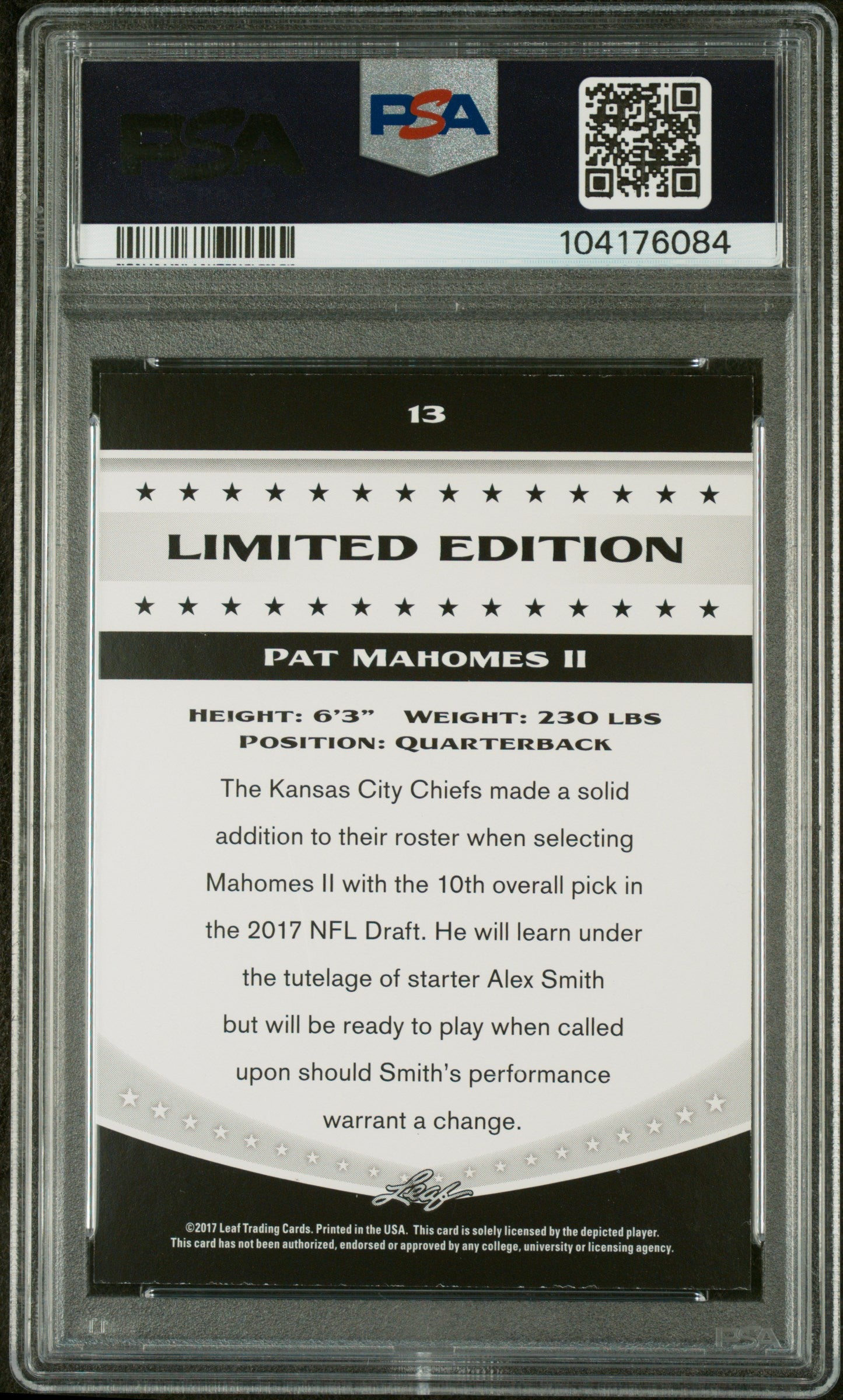 2017 Leaf Special Release #13 Patrick Mahomes II Limited Edition PSA 9
