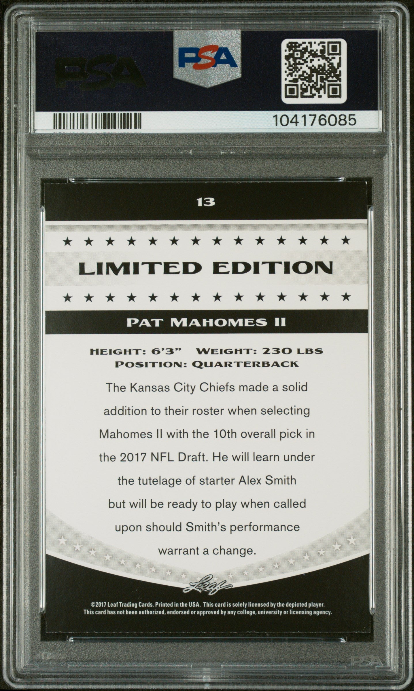 2017 Leaf Special Release #13 Patrick Mahomes II Limited Edition PSA 9