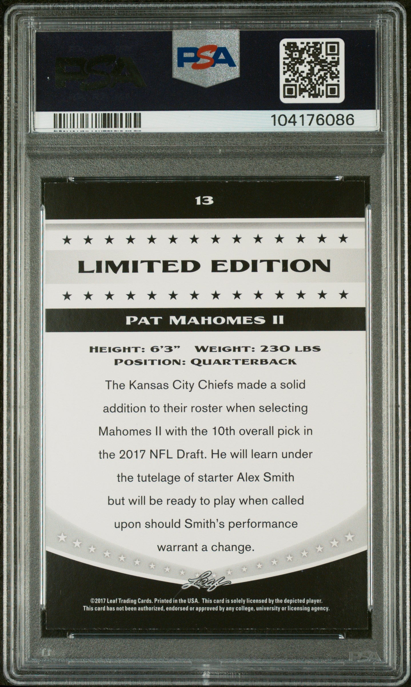 2017 Leaf Special Release Limited Edition Pat Mahomes II #13 PSA 9