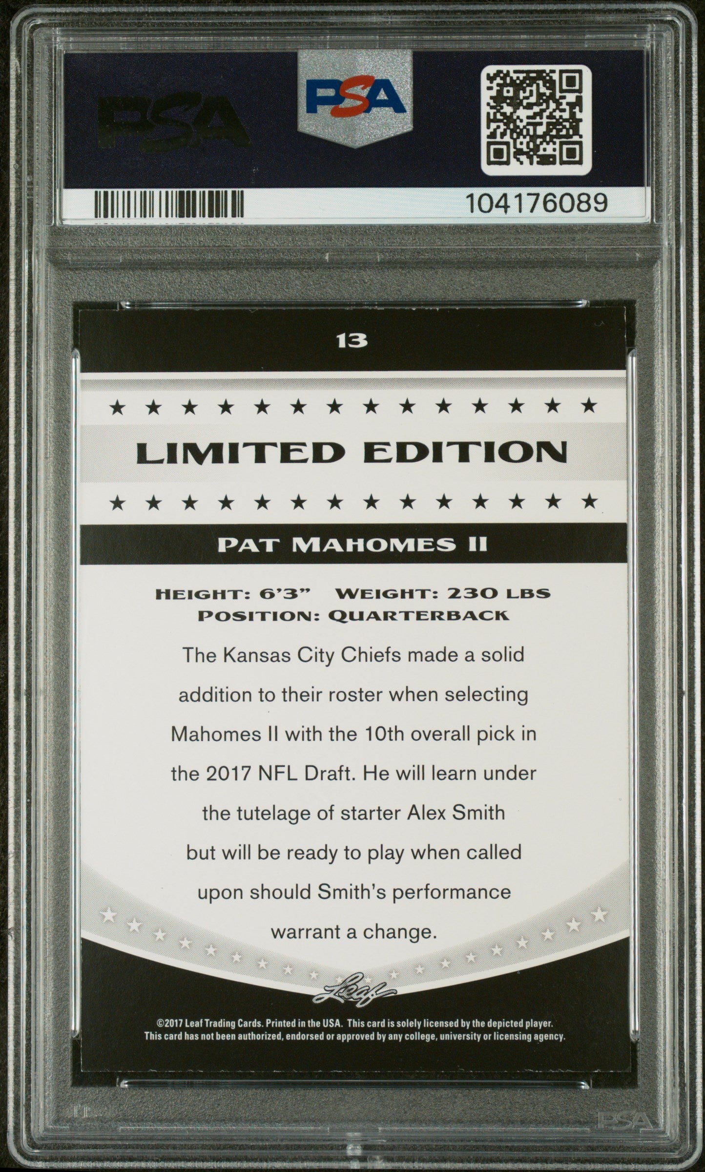 2017 Leaf Special Release Limited Edition Pat Mahomes II #13 PSA 9