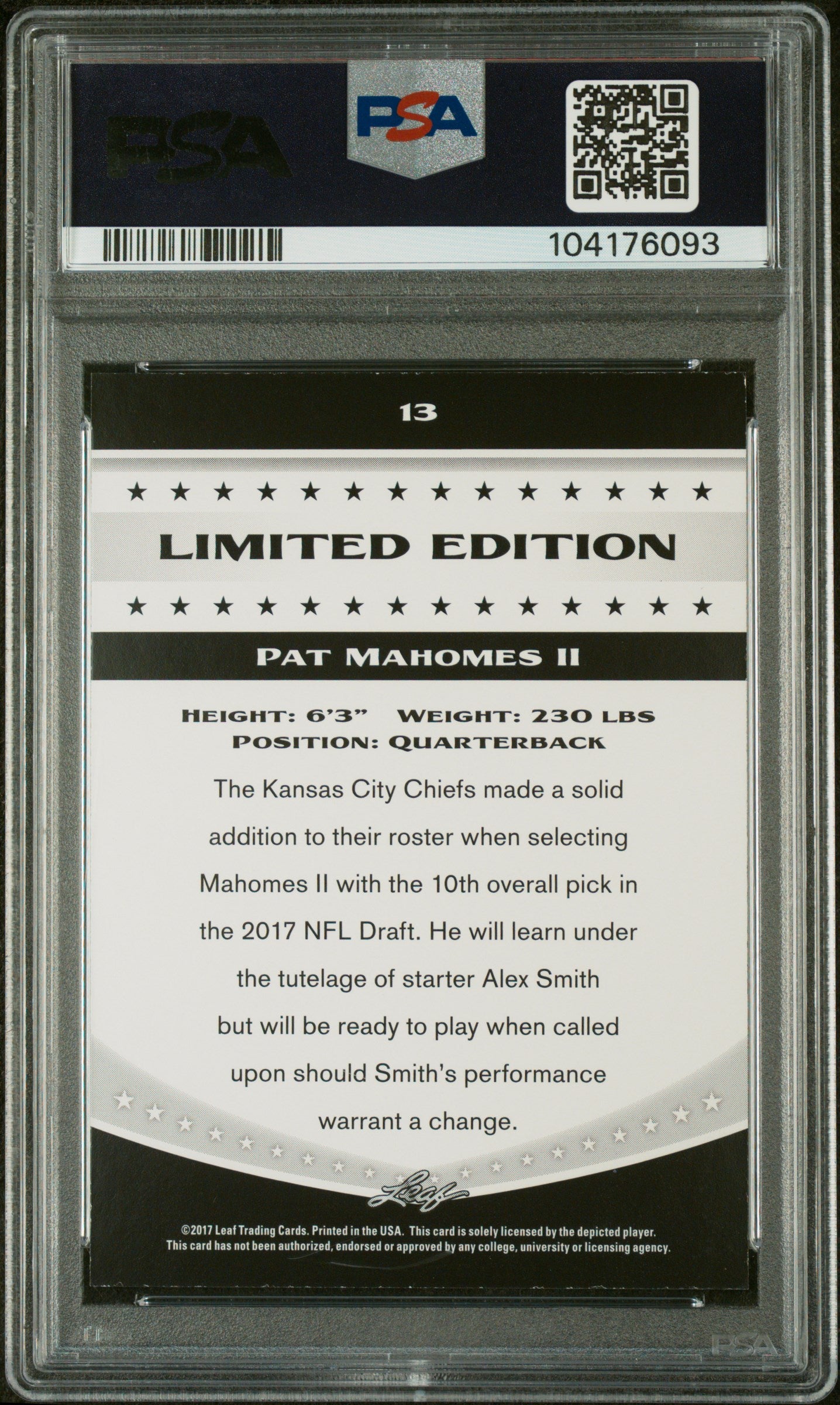 2017 Leaf Special Release Limited Edition Pat Mahomes II #13 PSA 9