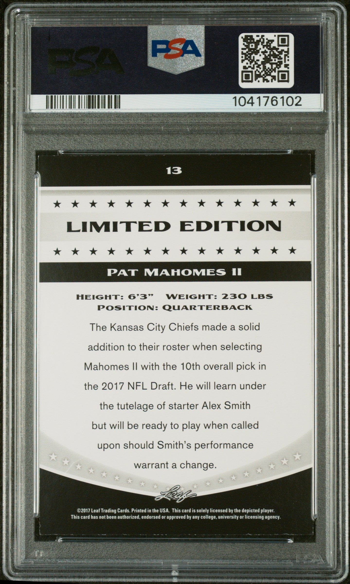 2017 Leaf Special Release Limited Edition Pat Mahomes II #13 PSA 9