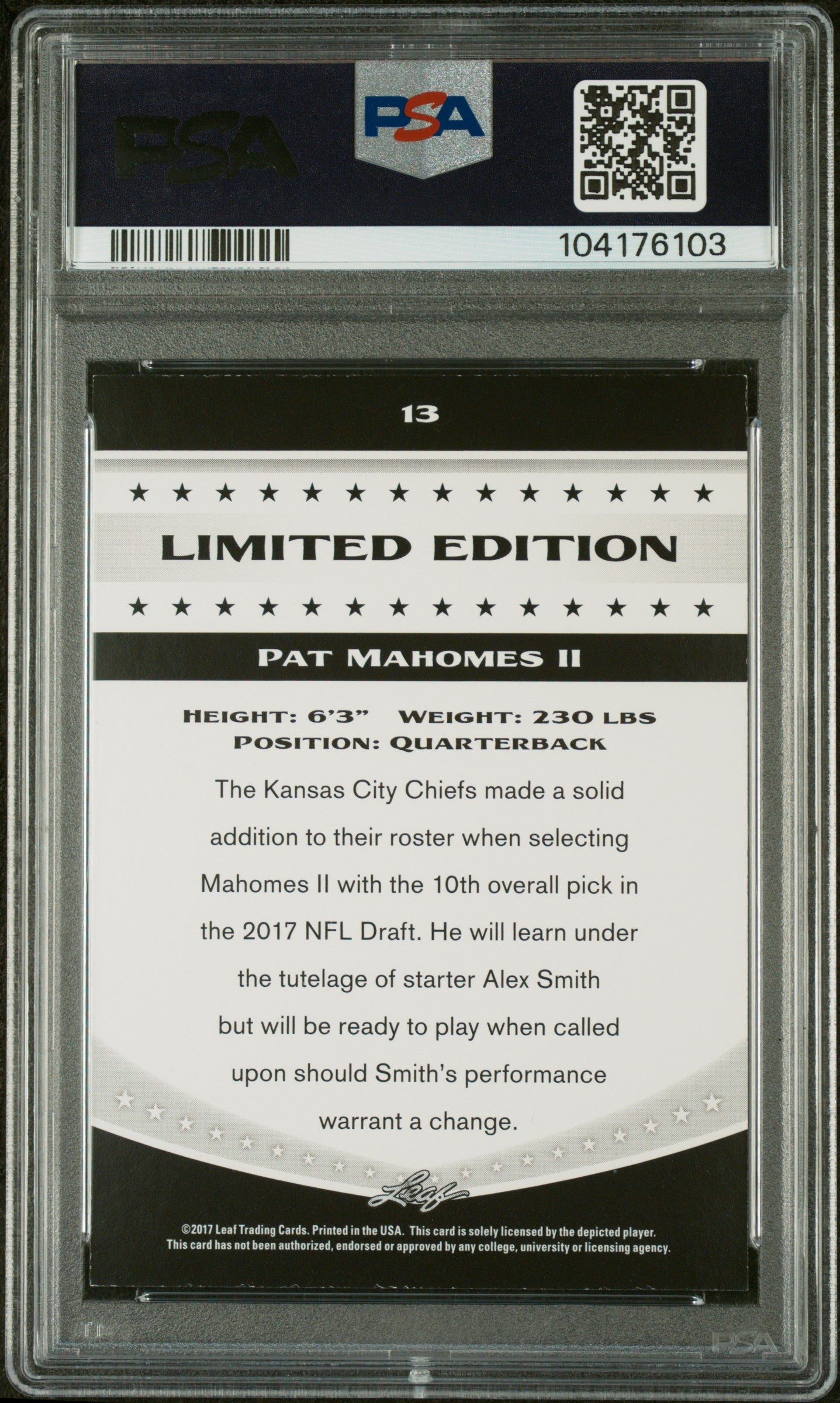 2017 Leaf Special Release Limited Edition Pat Mahomes II #13 PSA 9