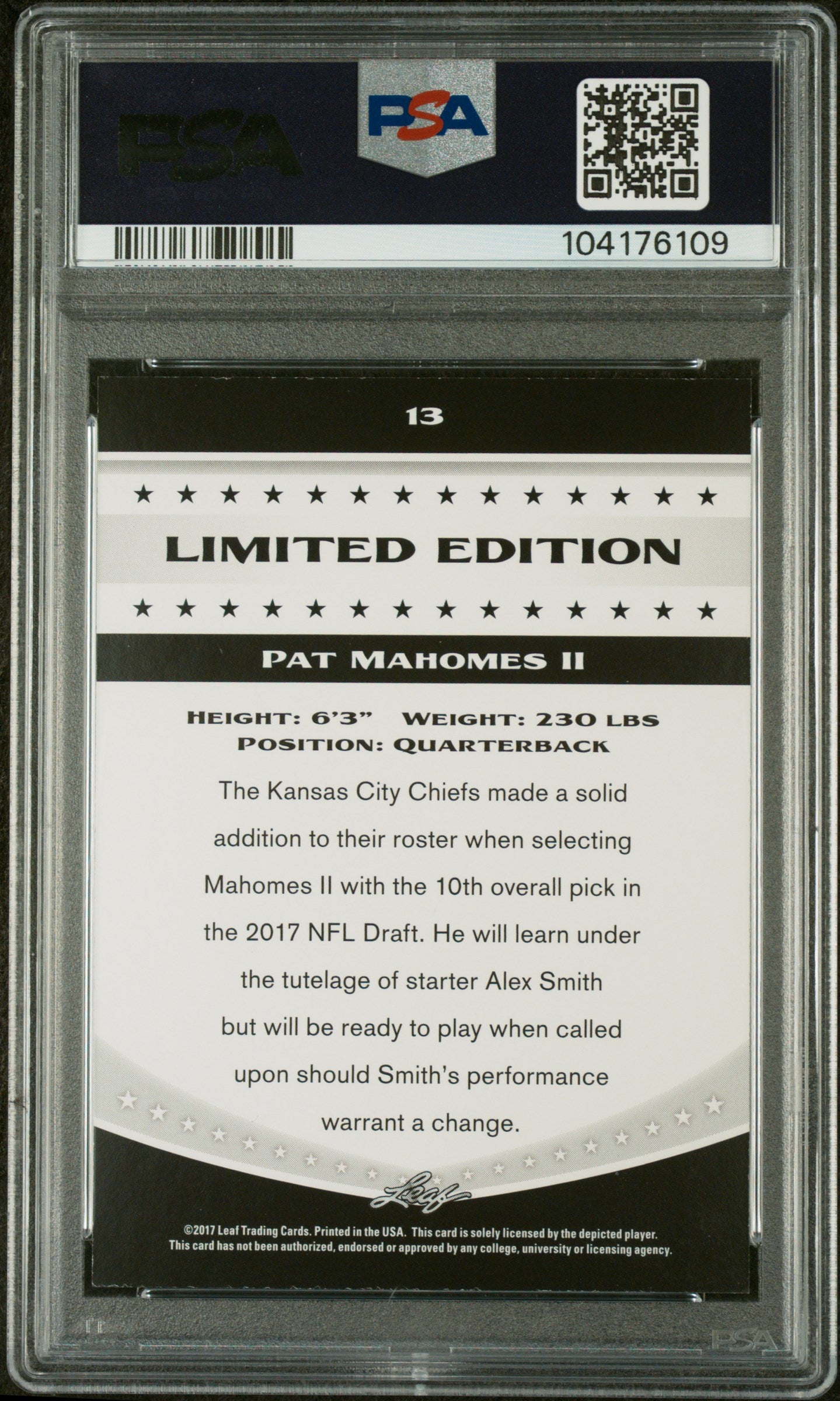 2017 Leaf Special Release Limited Edition Pat Mahomes II #13 PSA 9