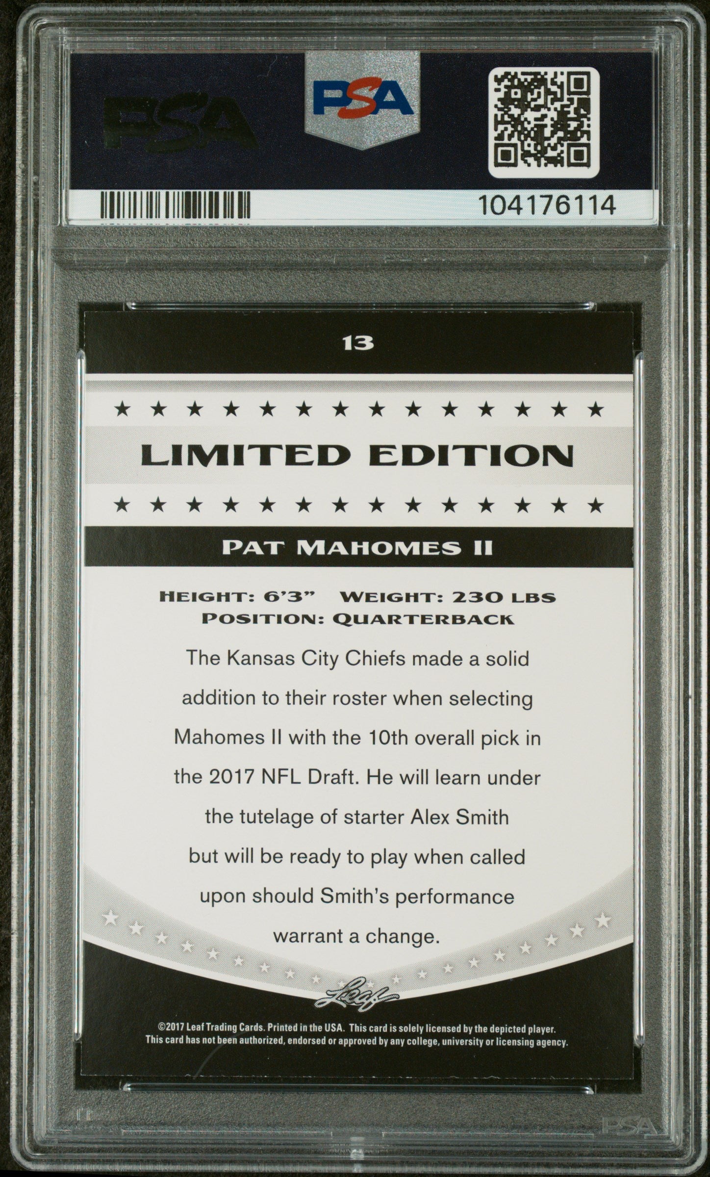 2017 Leaf Special Release Limited Edition Pat Mahomes II #13 PSA 9
