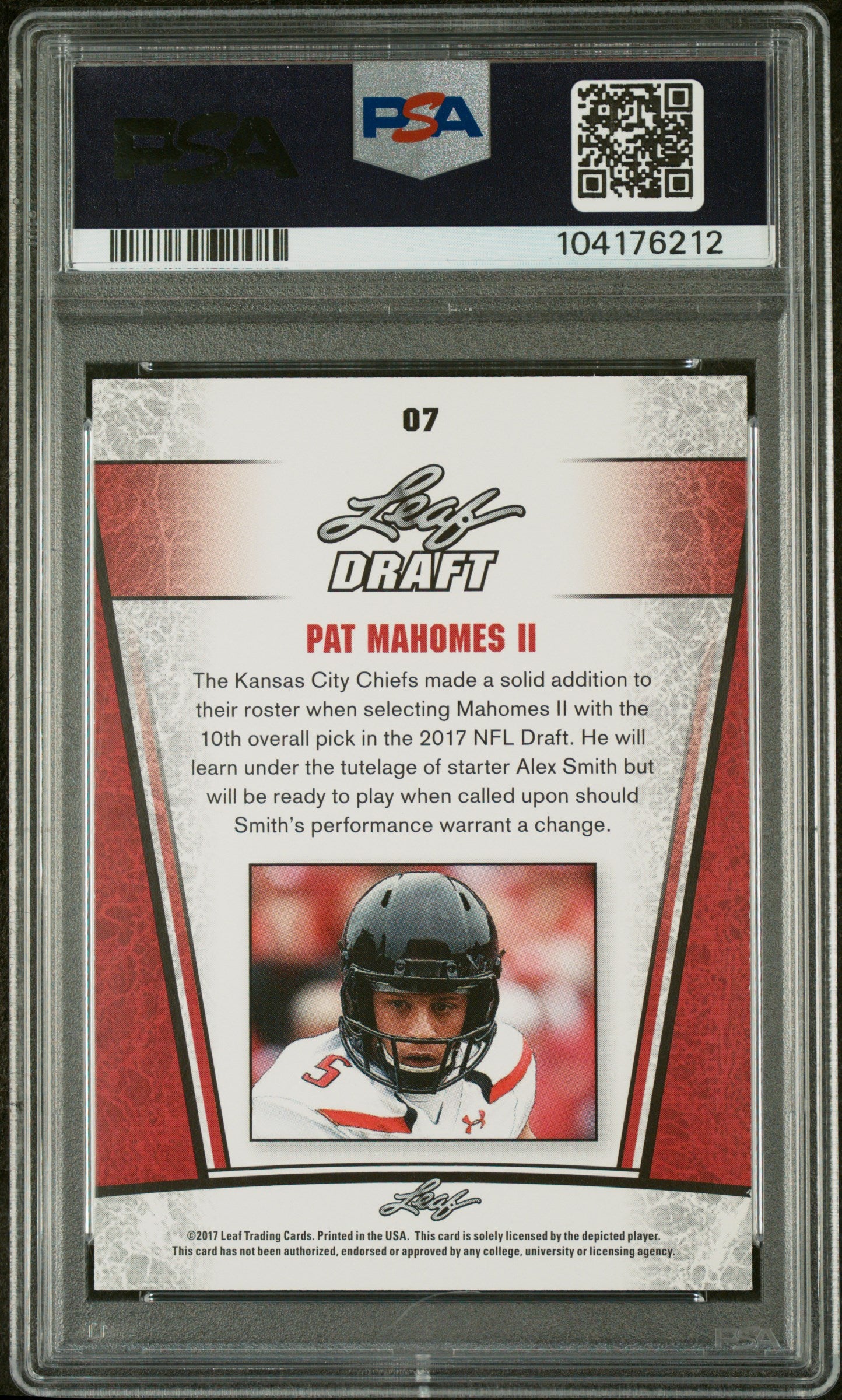 2017 Leaf #07 Patrick Mahomes II Special Release Draft Silver PSA 9