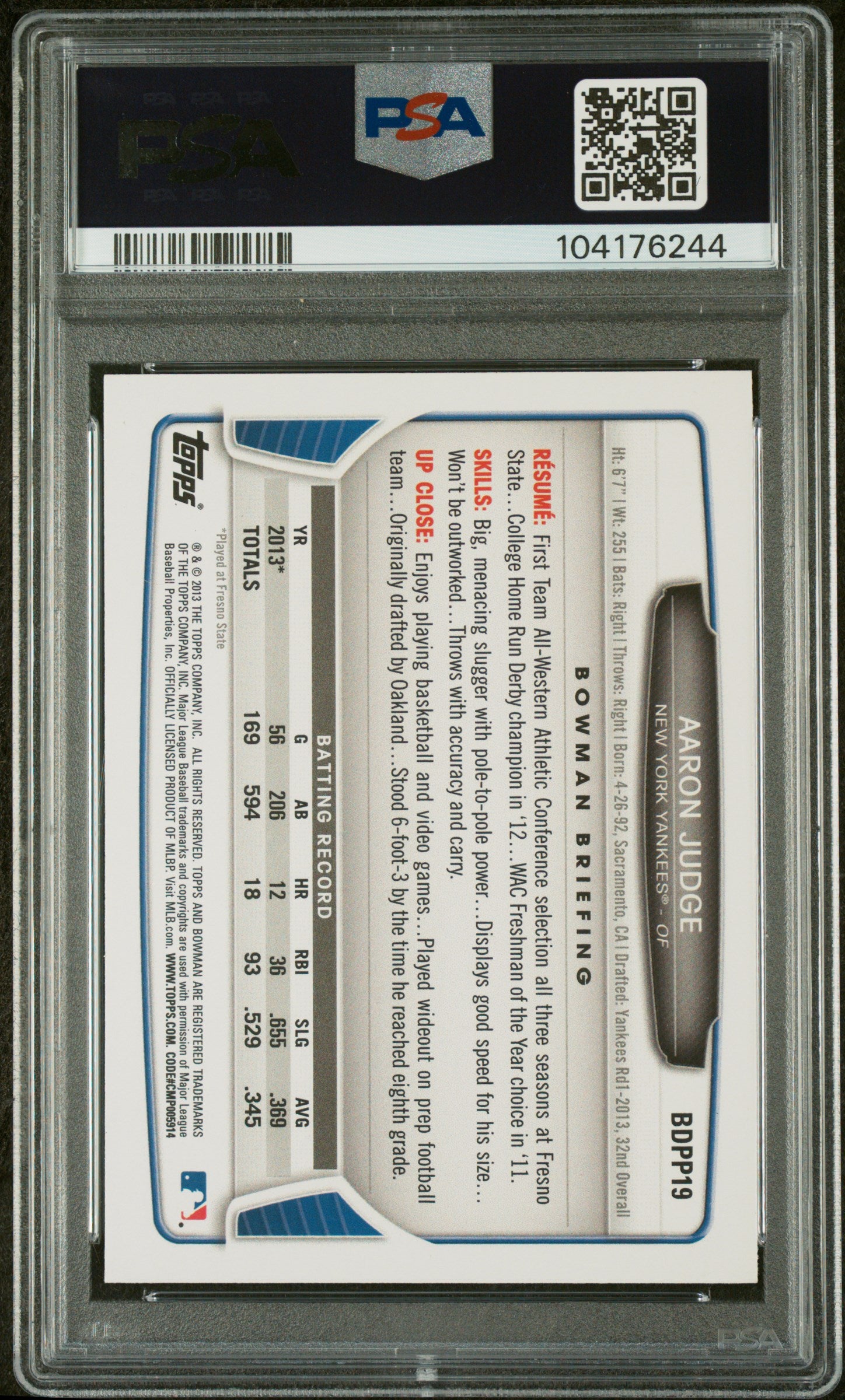 2013 Bowman Draft Picks & Prospects Aaron Judge #BDPP19 PSA 9