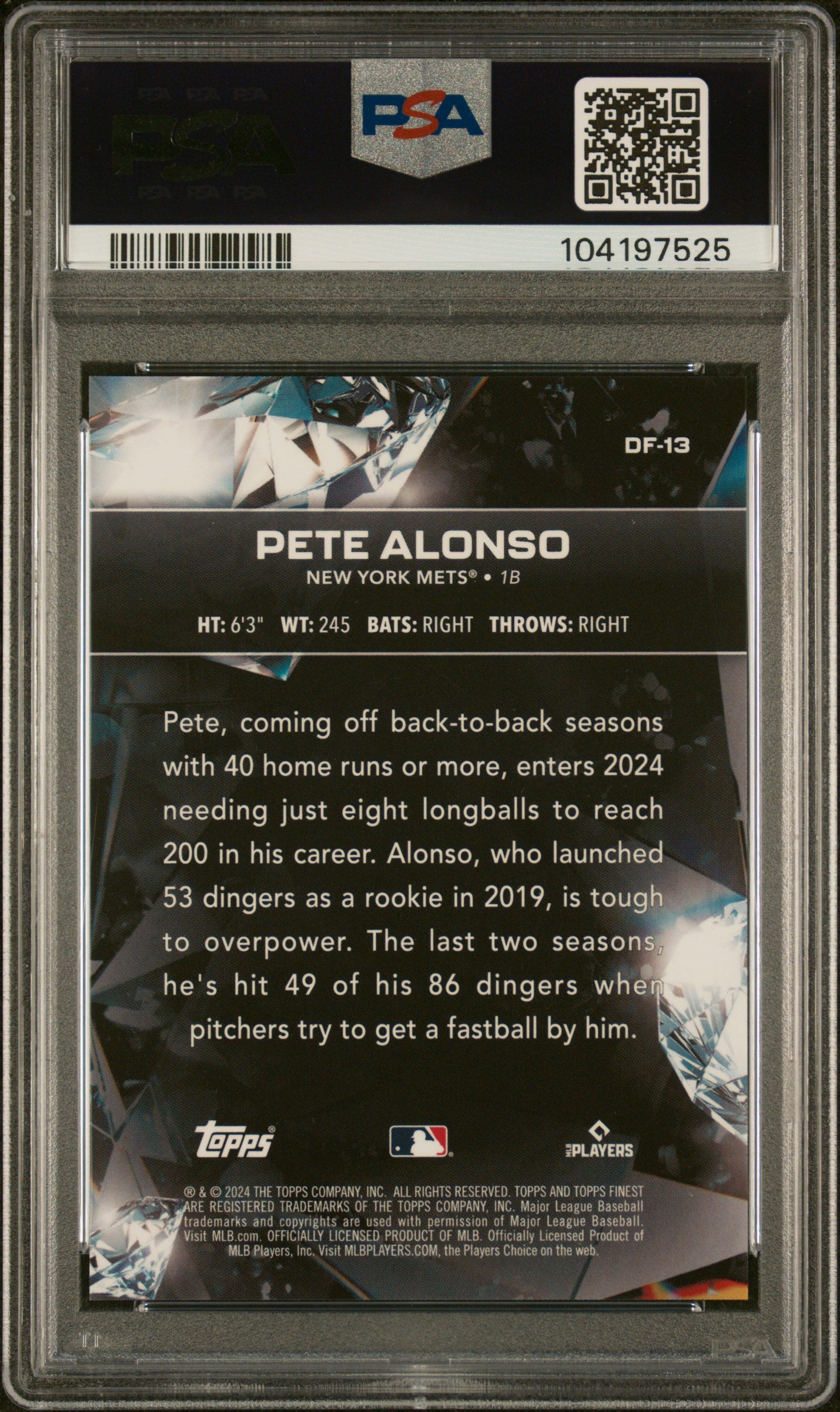 2024 Topps Finest Diamond Finest Pete Alonso #DF13 PSA 10