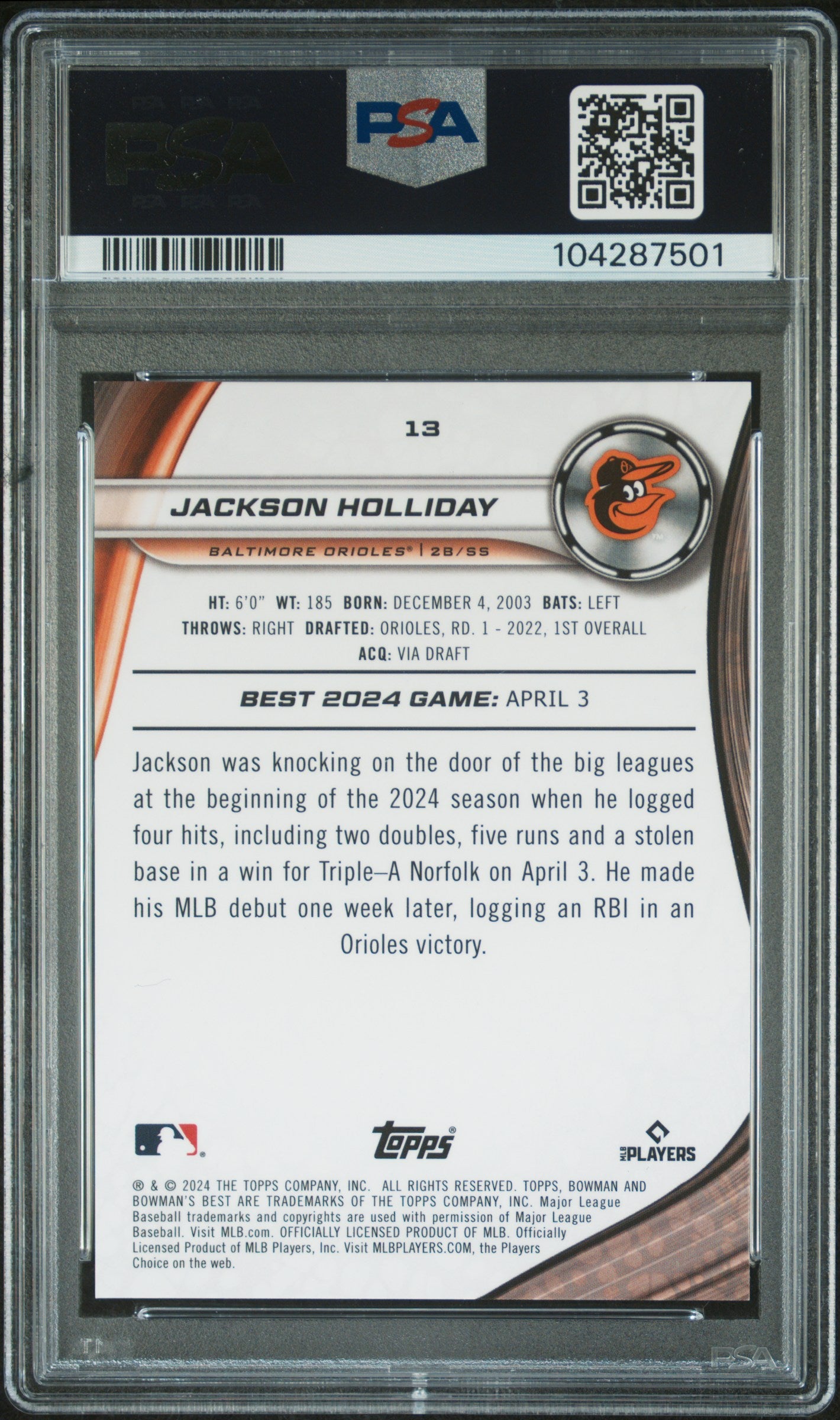 2024 Bowman's Best #13 Jackson Holliday Refractor PSA 10