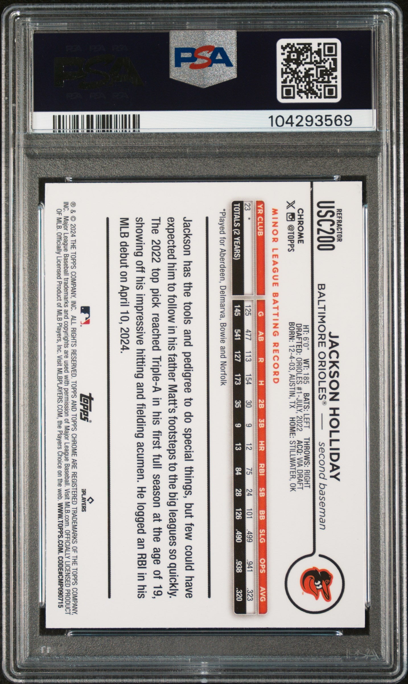 2024 Topps Chrome Update Refractor Jackson Holliday #USC200 PSA 9