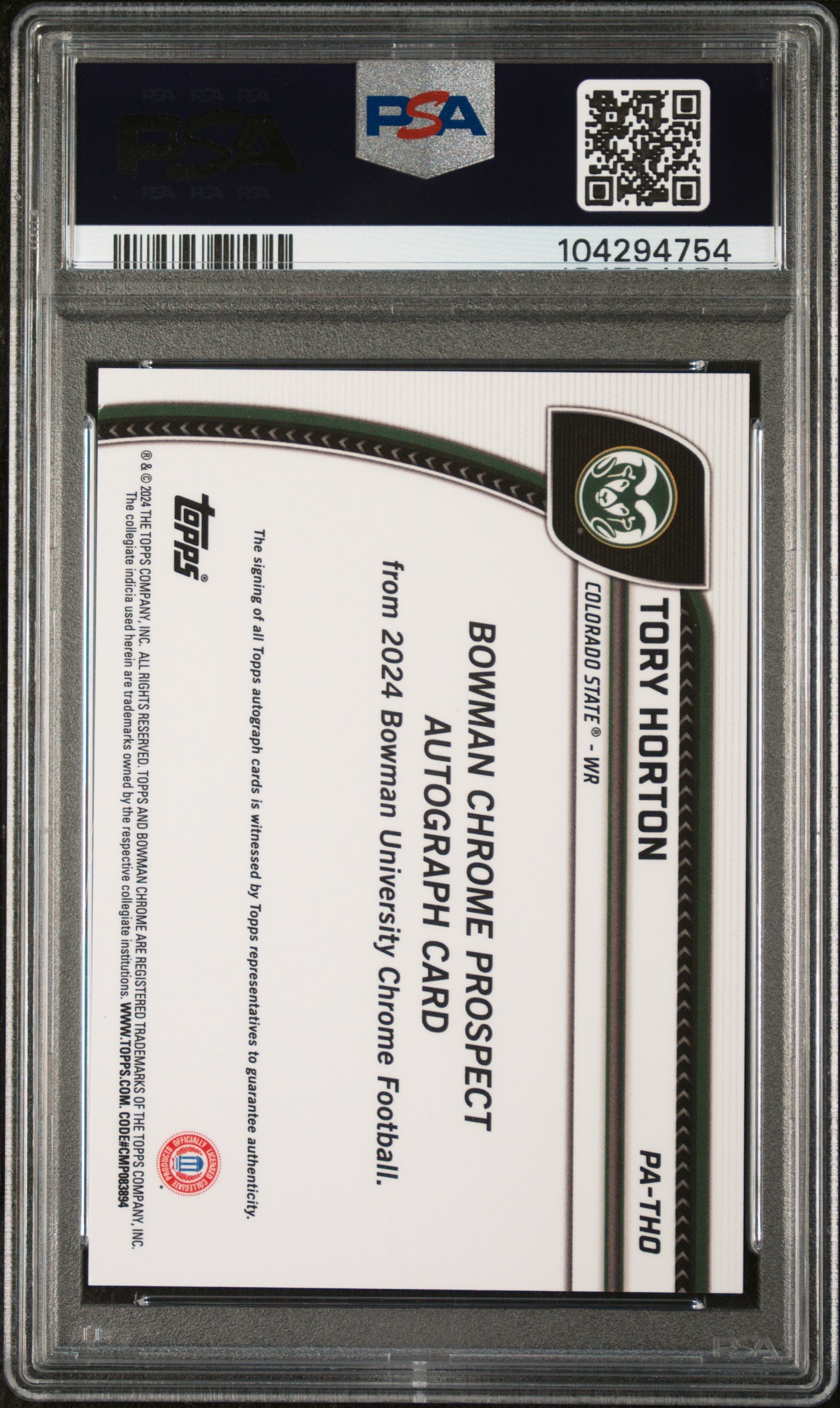 2024 Bowman University Chrome Bowman Chrome Prospect Autographs Yellow Refractor Tory Horton #PATHO /75 PSA 9