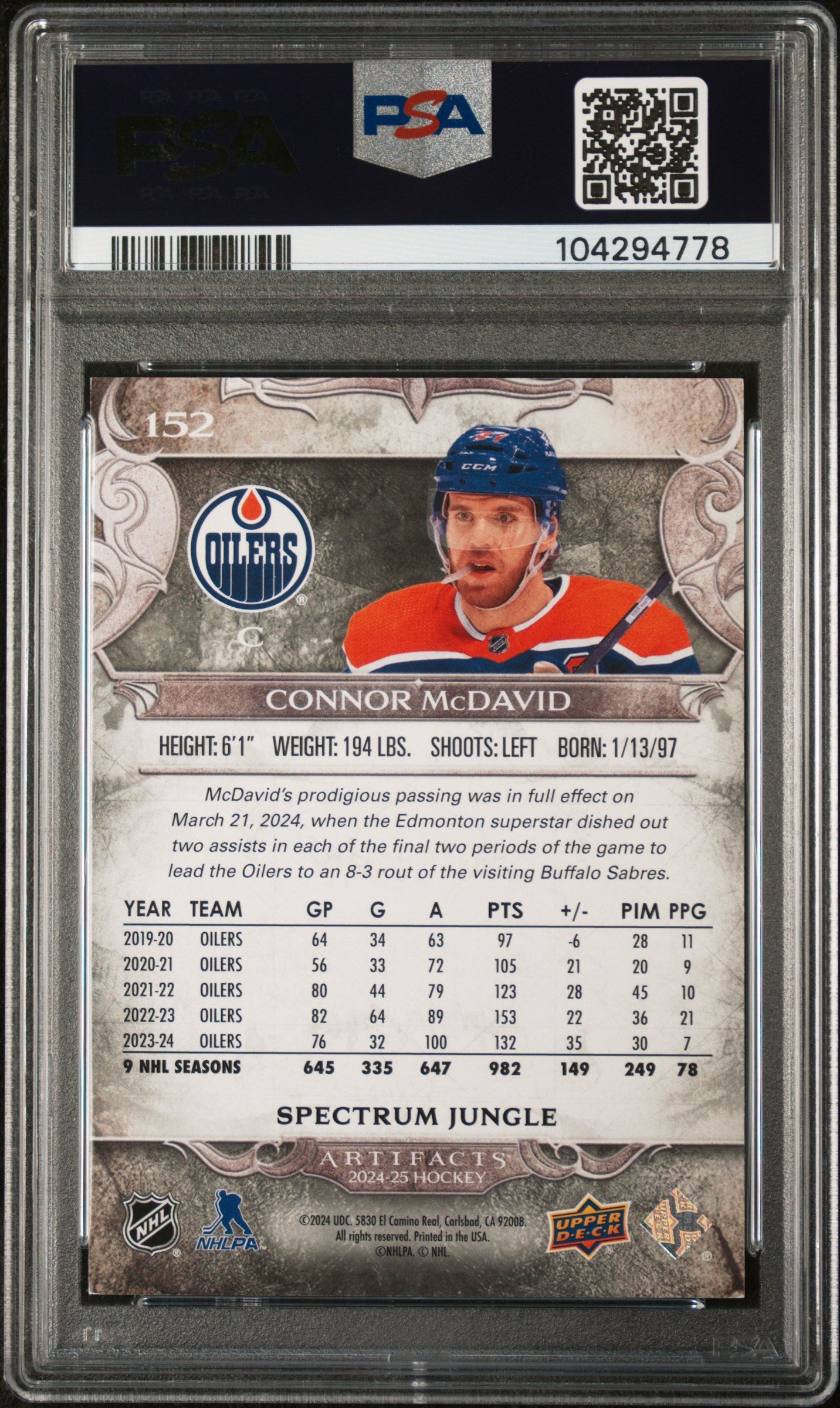 2024 Upper Deck Artifacts Spectrum Jungle Connor Mcdavid #152 /15 PSA 8