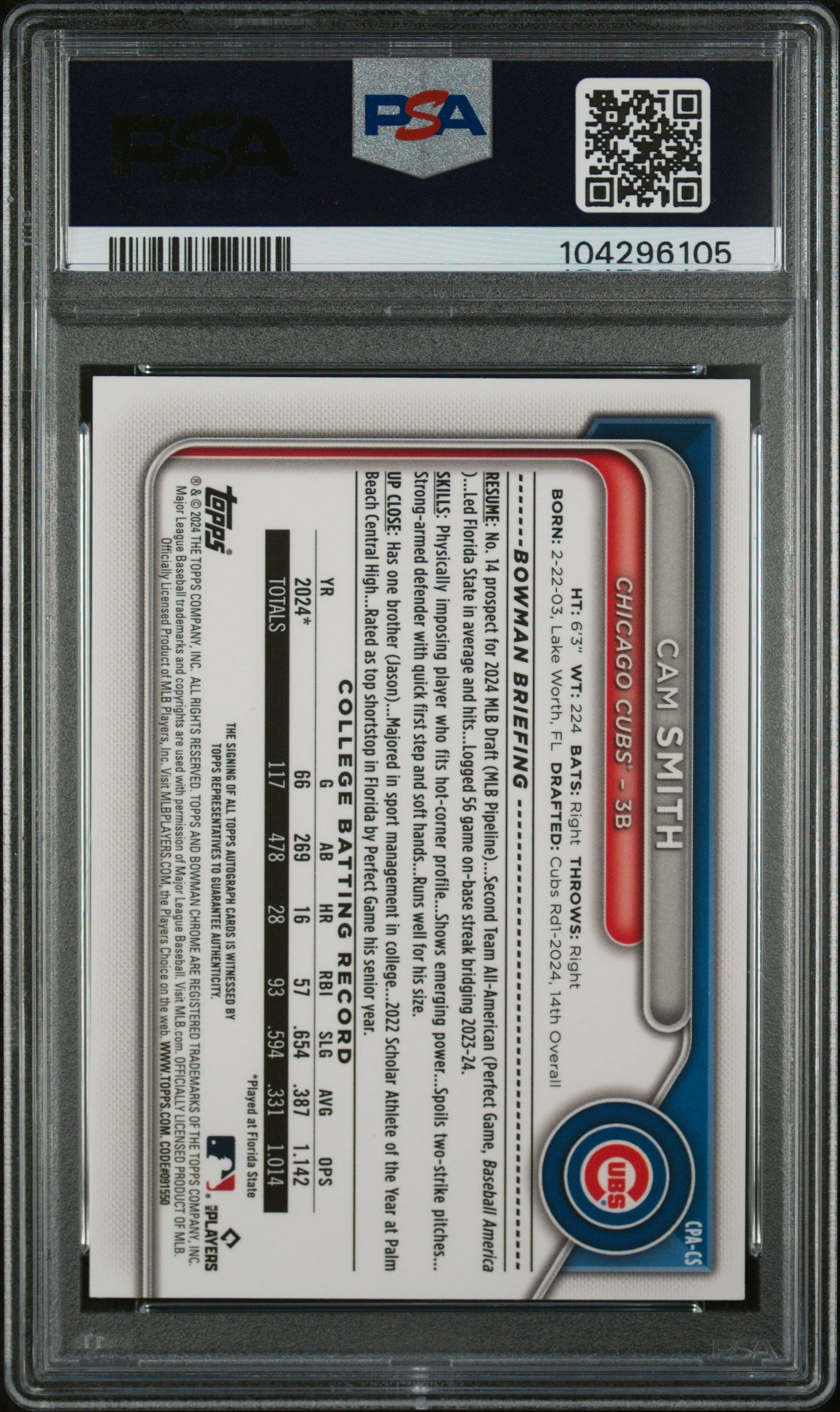 2024 Bowman Draft Sparkle Cam Smith #CPACS Auto /71 PSA 10