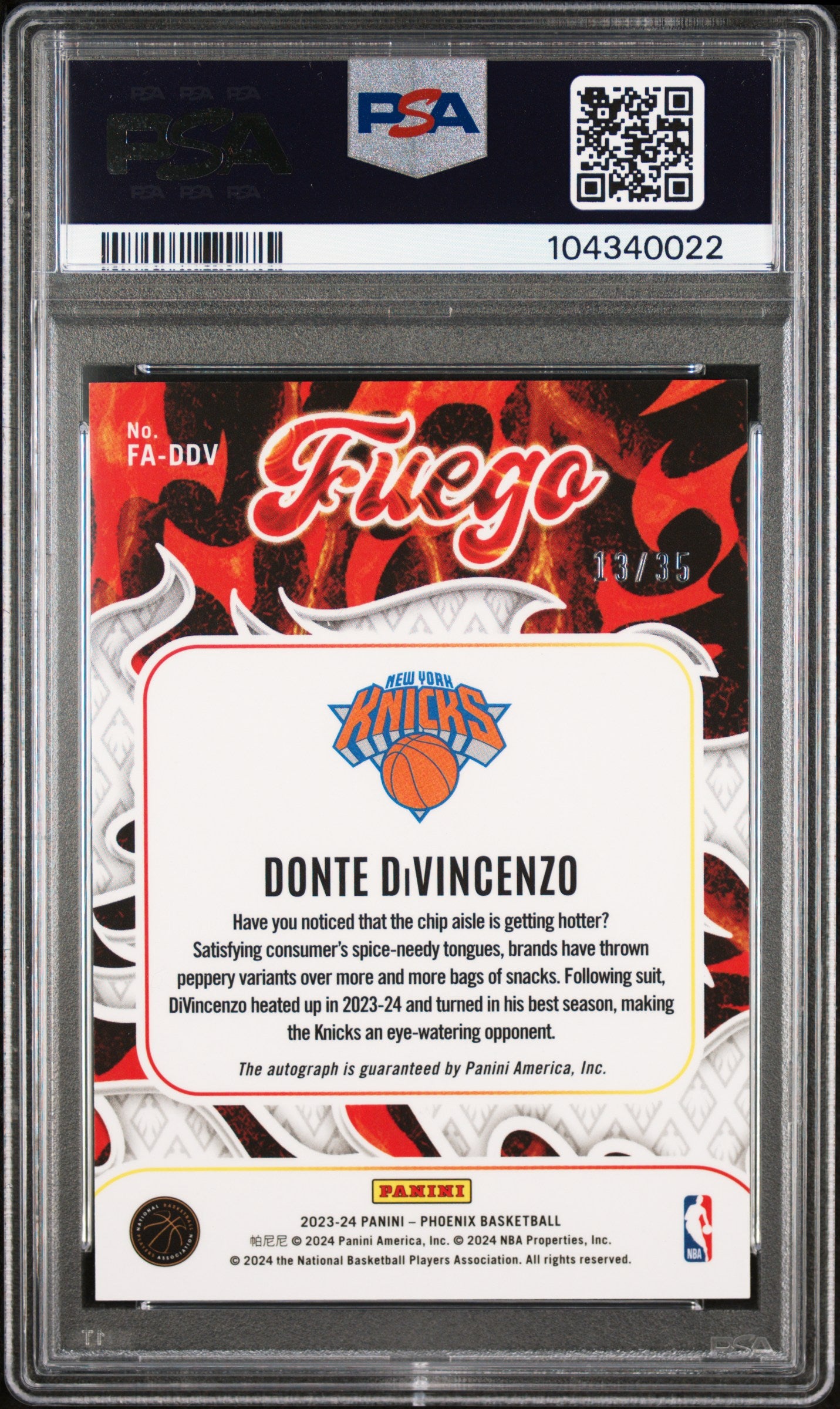 2023 Panini Phoenix Fuego Yellow Donte DiVincenzo #FA-DDV Auto/35 PSA 10 Auto 10