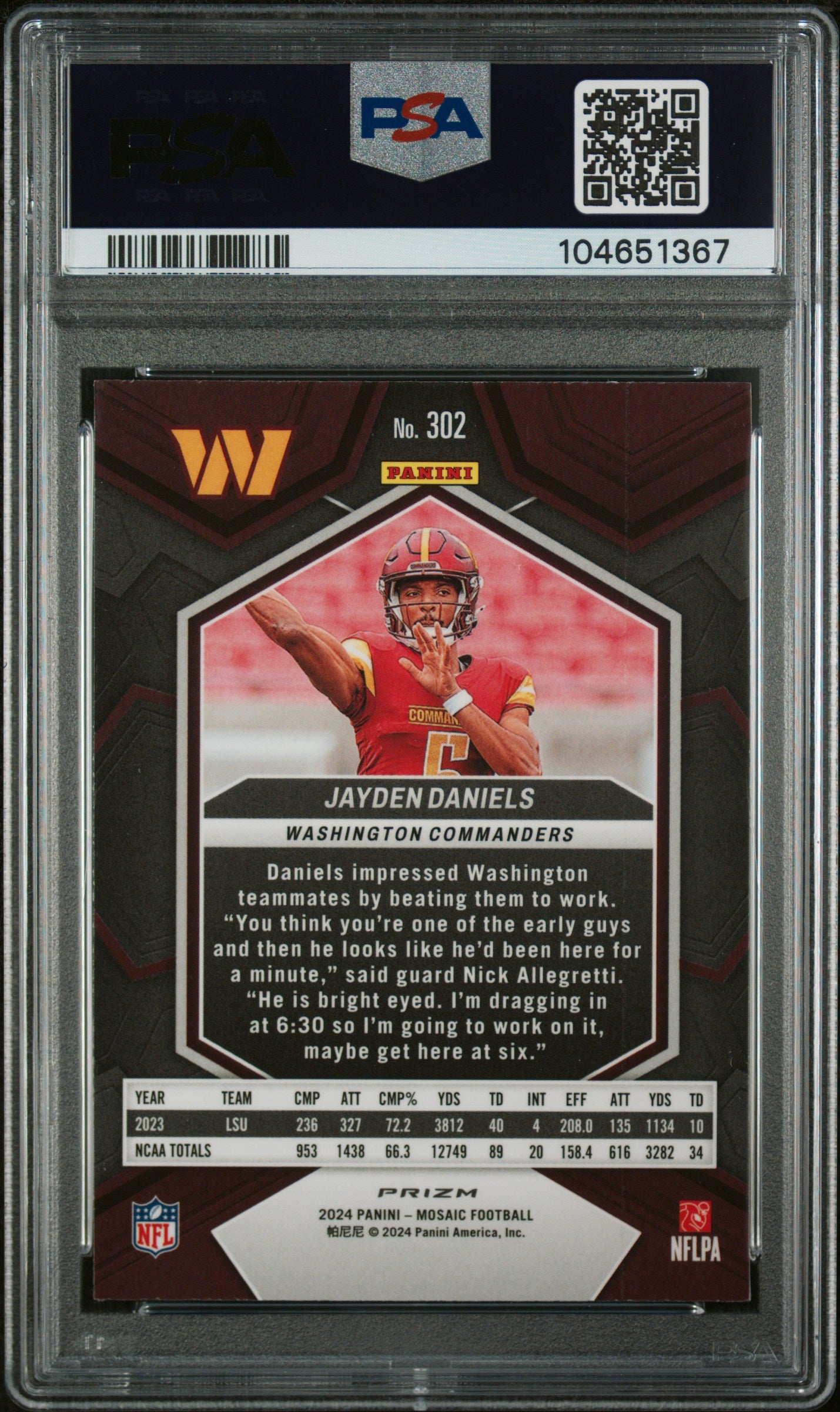 2024 Panini Mosaic Reactive Yellow Prizm Jayden Daniels #302 RC PSA 8