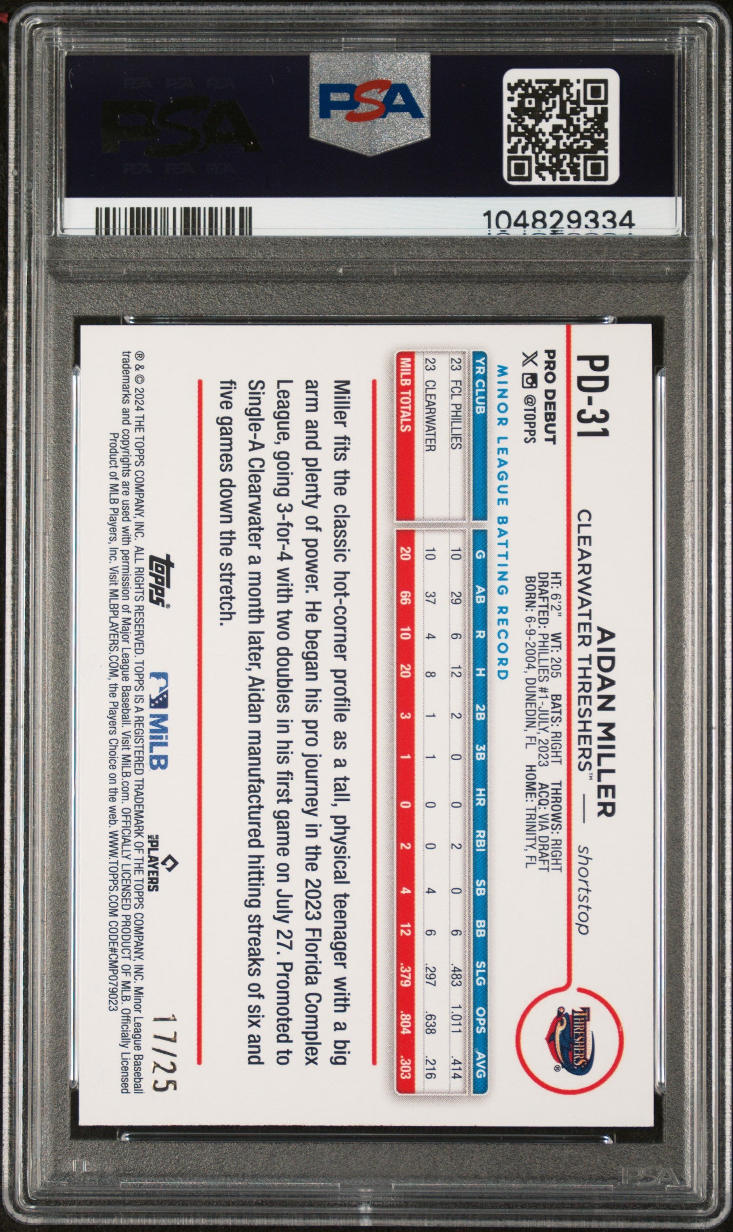2024 Topps Pro Debut Aidan Miller #PD31 /25 PSA 9 Orange Foil