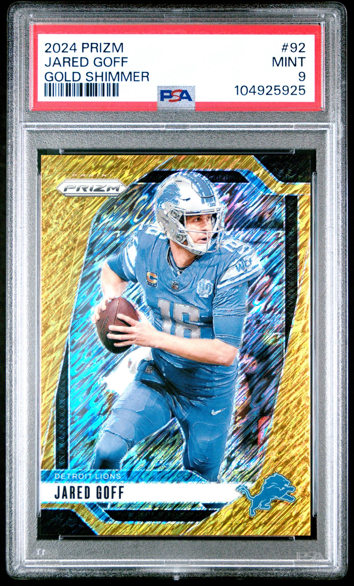 2024 Panini Prizm Gold Shimmer Jared Goff #92 /10 PSA 9