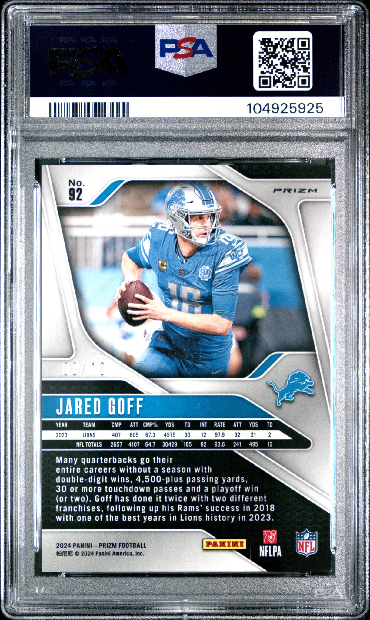 2024 Panini Prizm Gold Shimmer Jared Goff #92 /10 PSA 9