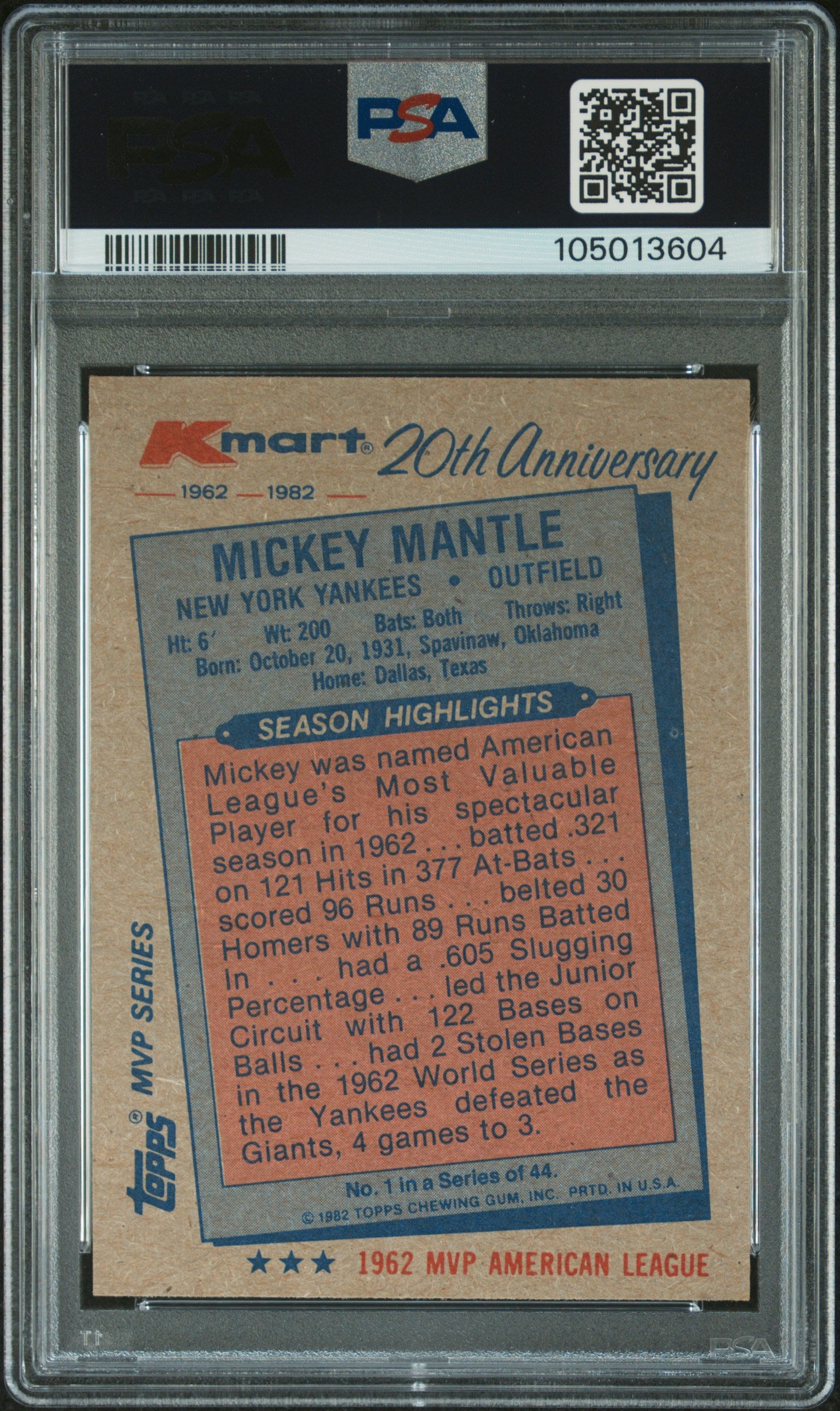 1982 Topps Kmart 20th Anniversary Mickey Mantle #1 PSA 8