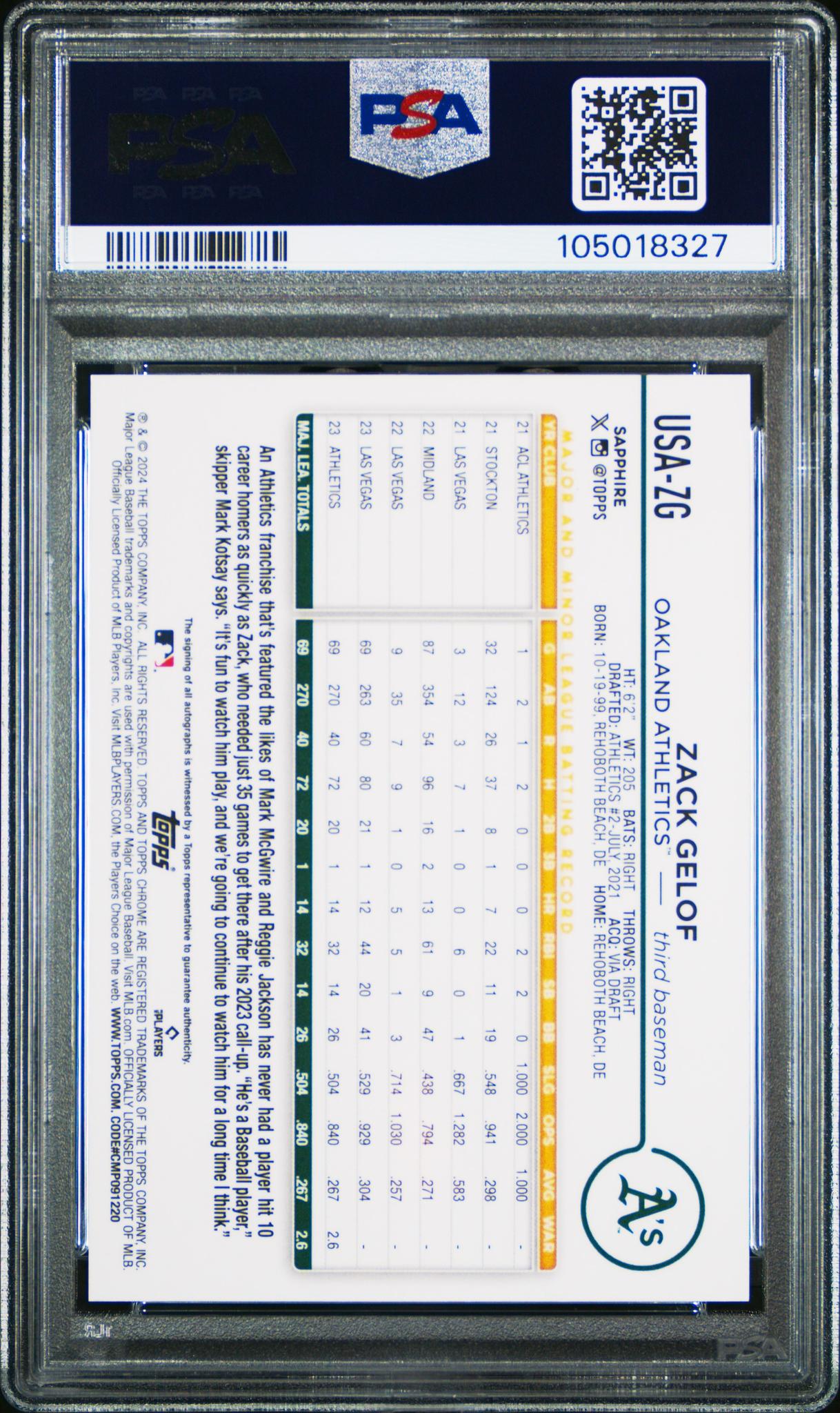 2024 Topps Chrome Update Sapphire Gold Zack Gelof #USA-ZG RC Auto /50 PSA 10