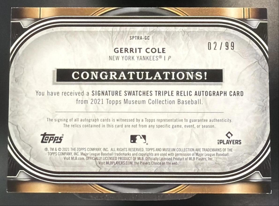 2021 Topps Museum Collection Gerrit Cole #SPTRA-GC Single-Player Signature Swatches Triple Relic Auto /99 MEM