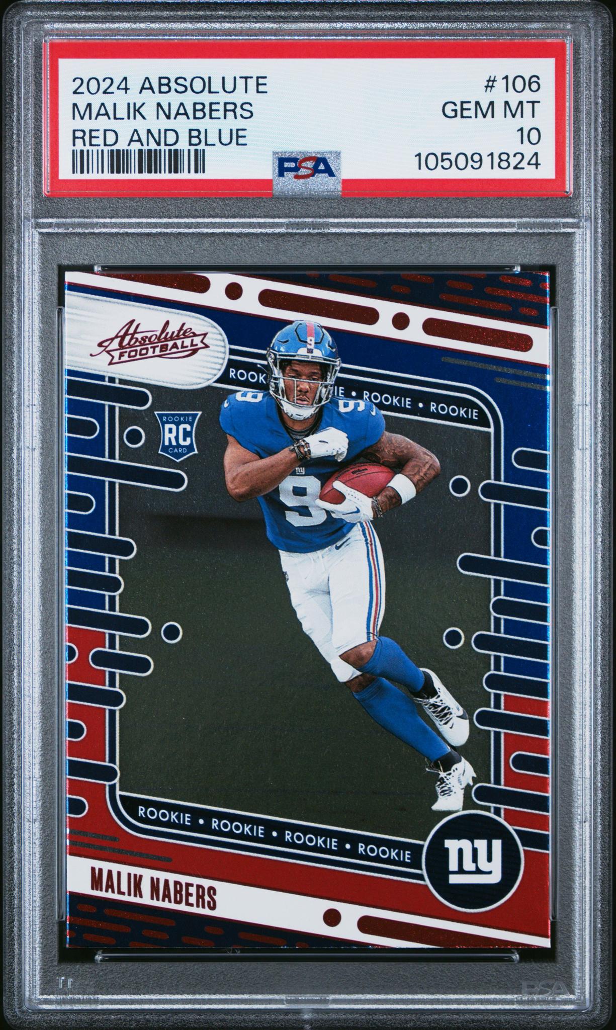 2024 Panini Absolute Football Red and Blue Malik Nabers #106 RC PSA 10