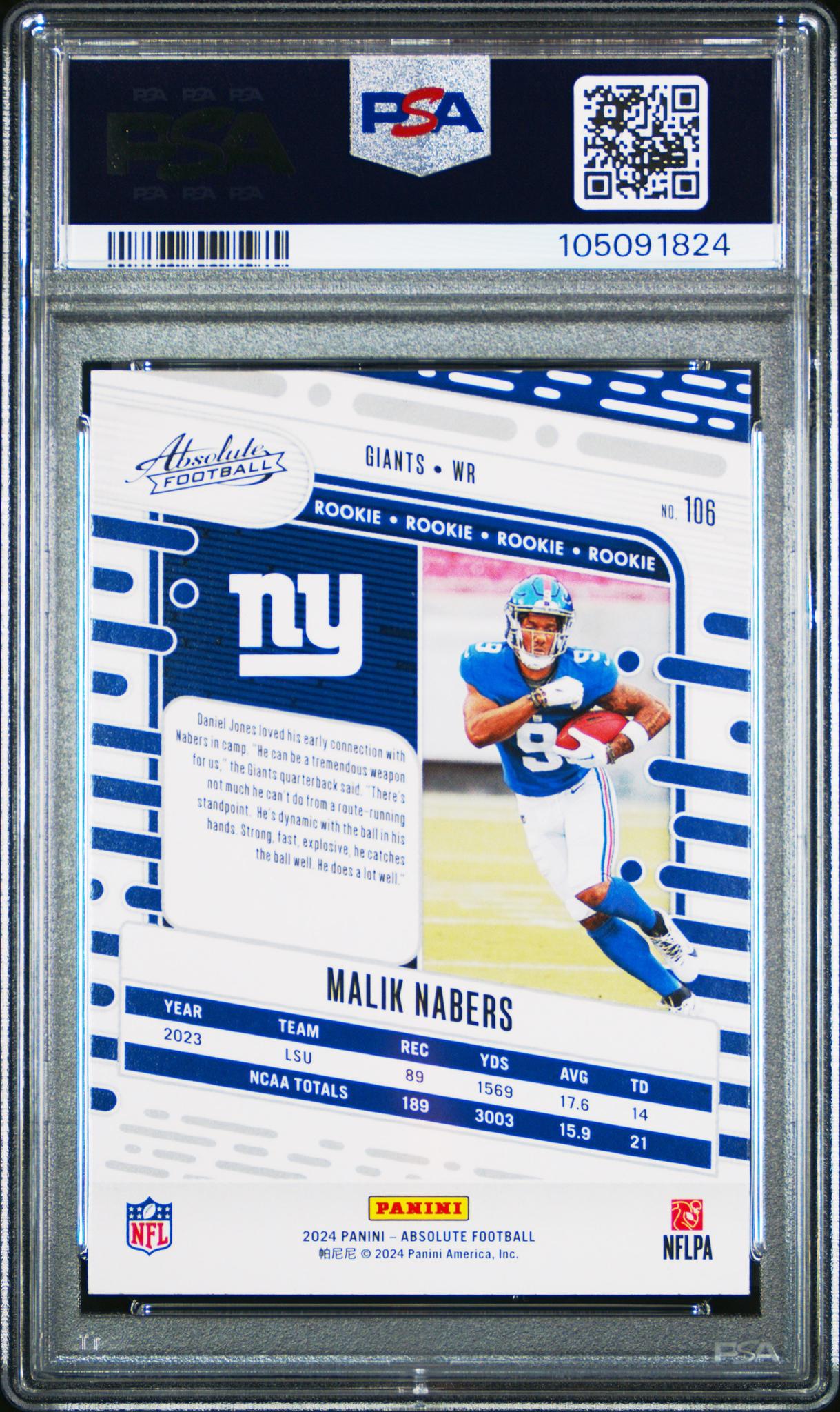2024 Panini Absolute Football Red and Blue Malik Nabers #106 RC PSA 10