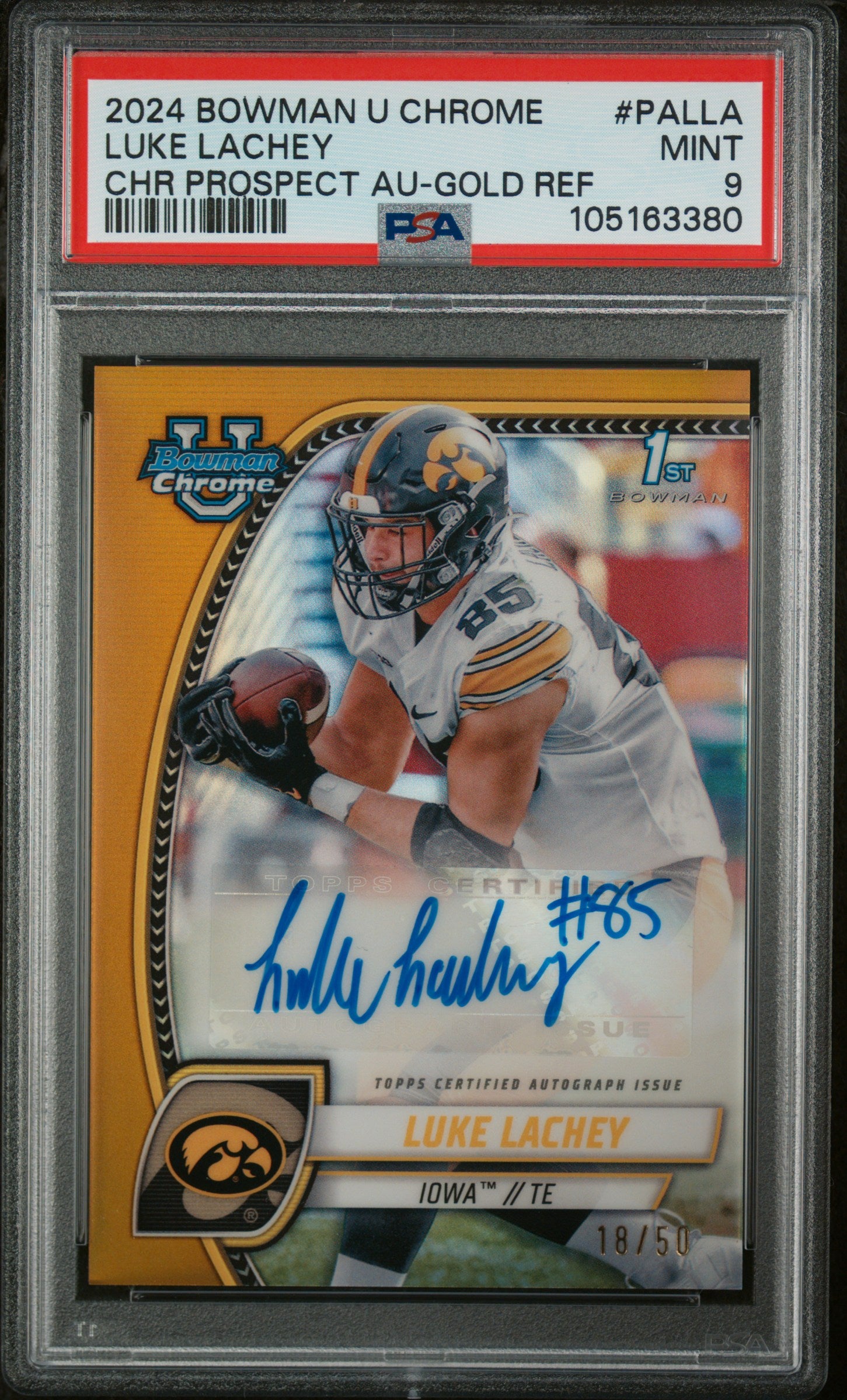 2024 Bowman University Chrome Bowman Chrome Prospect Autographs #PALLA Luke Lachey Chr Prospect Au-Gold Ref PSA 9