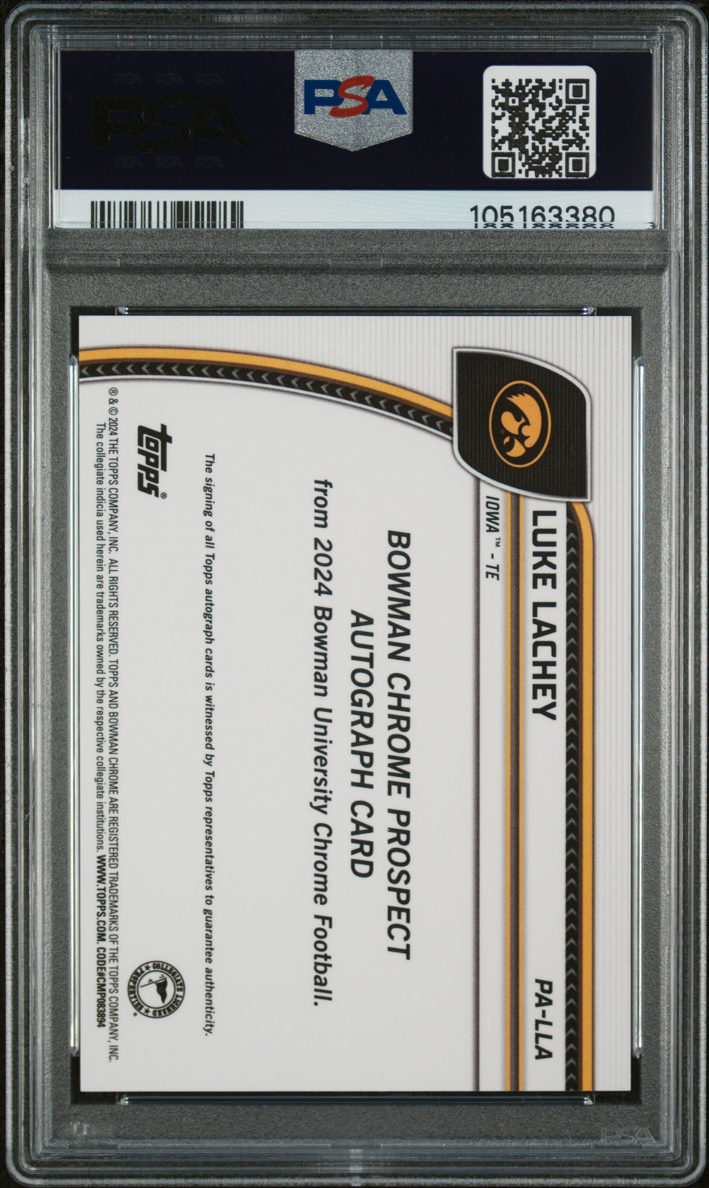 2024 Bowman University Chrome Bowman Chrome Prospect Autographs #PALLA Luke Lachey Chr Prospect Au-Gold Ref PSA 9