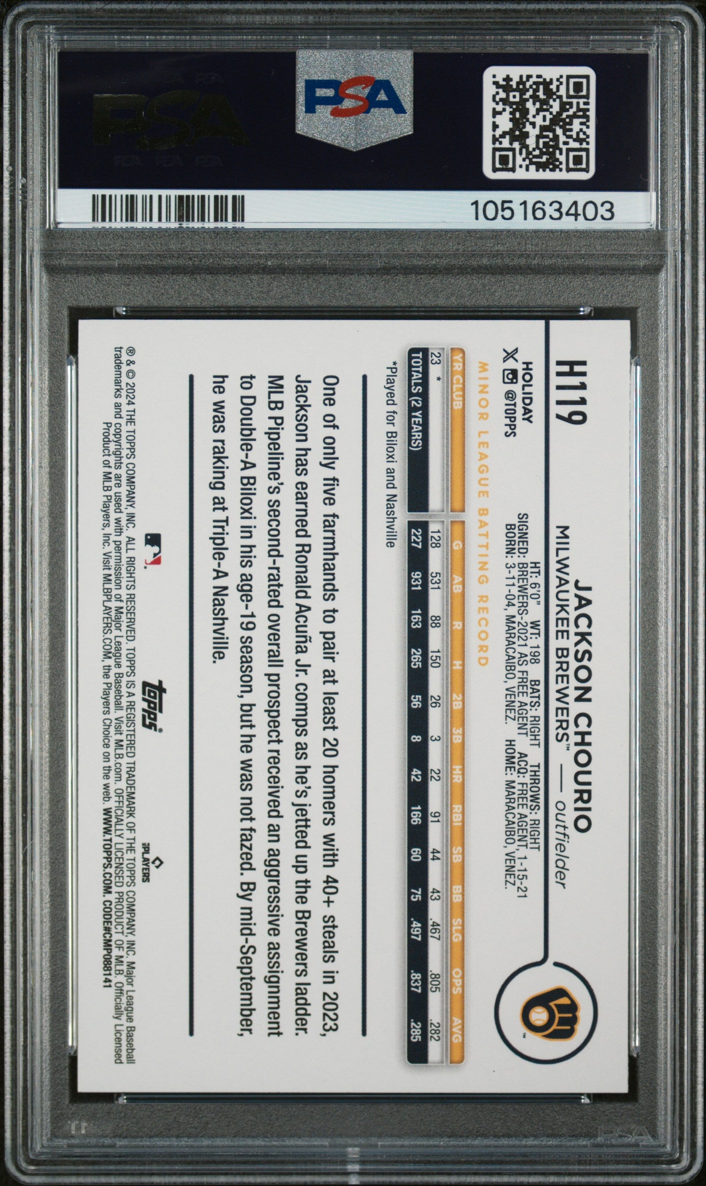 2024 Topps Holiday Jackson Chourio #H119 RC PSA 10