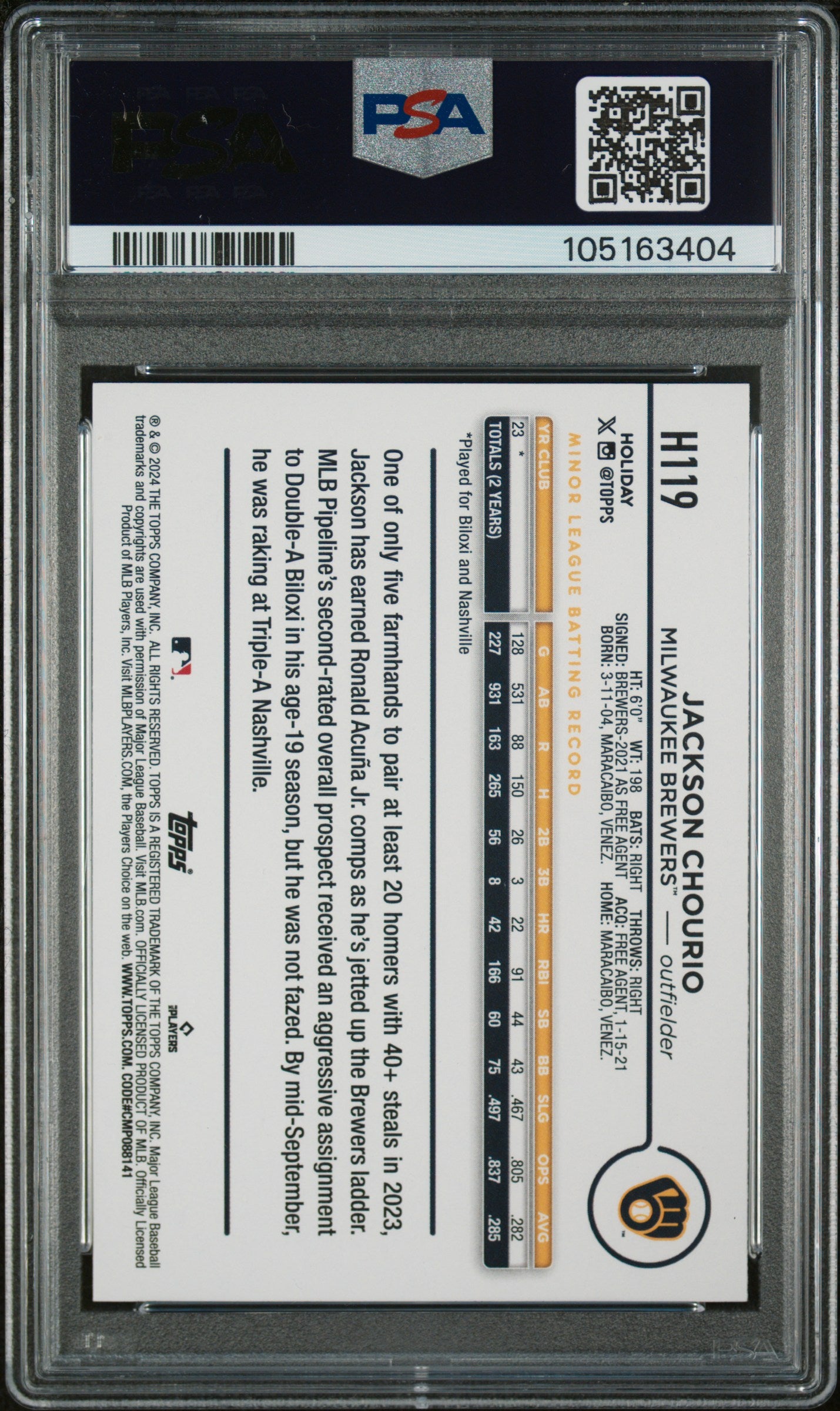 2024 Topps Holiday Jackson Chourio #H119 RC PSA 10