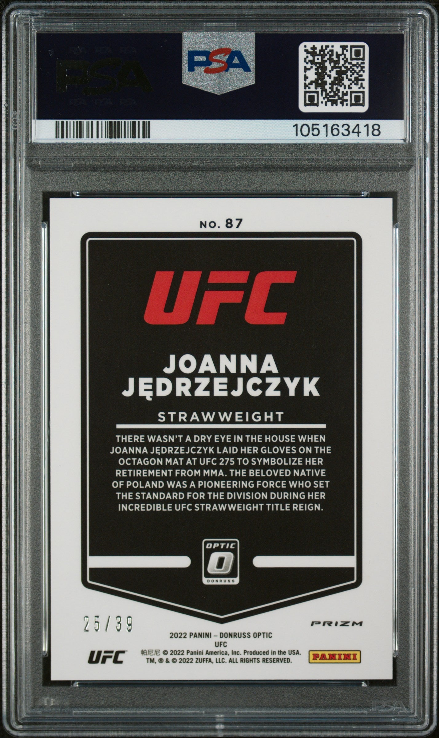 2022 Donruss Optic Black Velocity Joanna Jedrzejczyk #87 /39 PSA 10