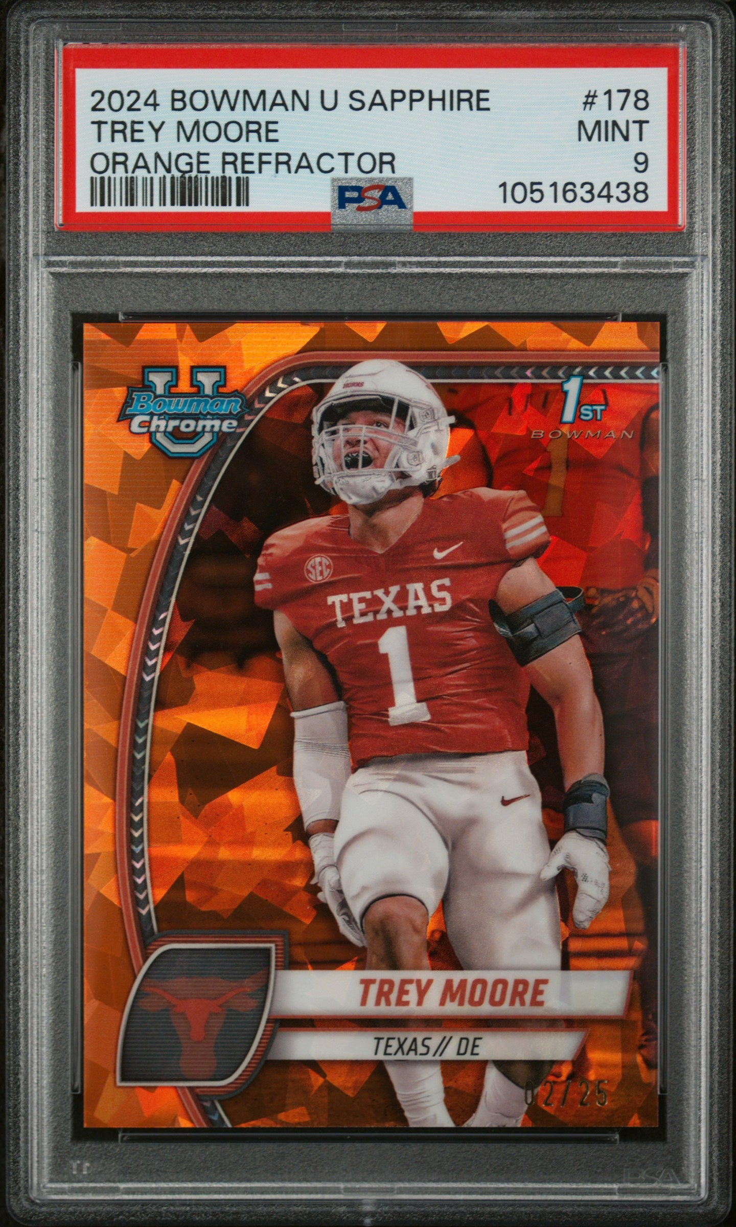 2024 Bowman University Chrome Sapphire #178 Trey Moore Orange Refractor PSA 9