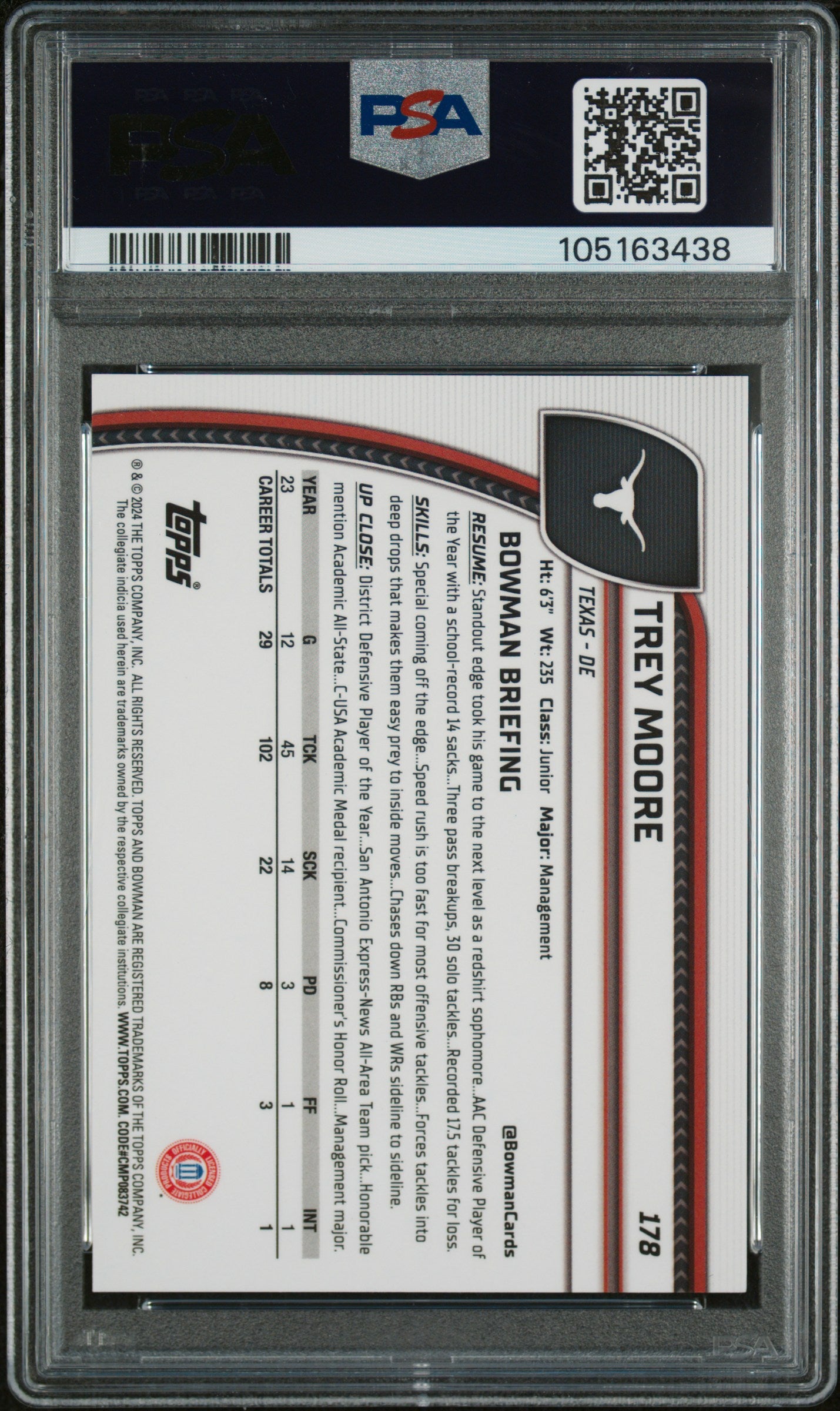 2024 Bowman University Chrome Sapphire #178 Trey Moore Orange Refractor PSA 9