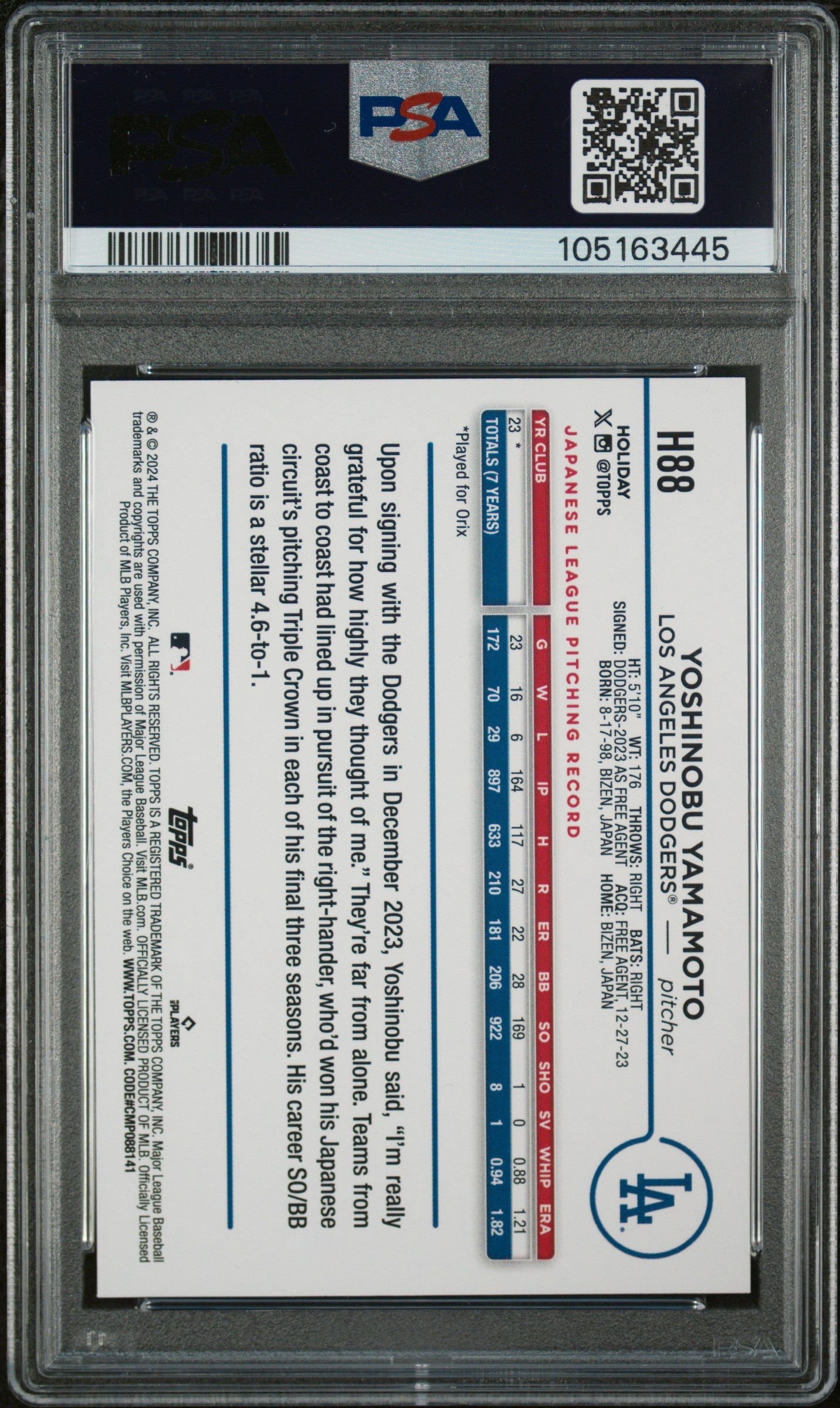 2024 Topps Holiday Yoshinobu Yamamoto #H88 RC PSA 10