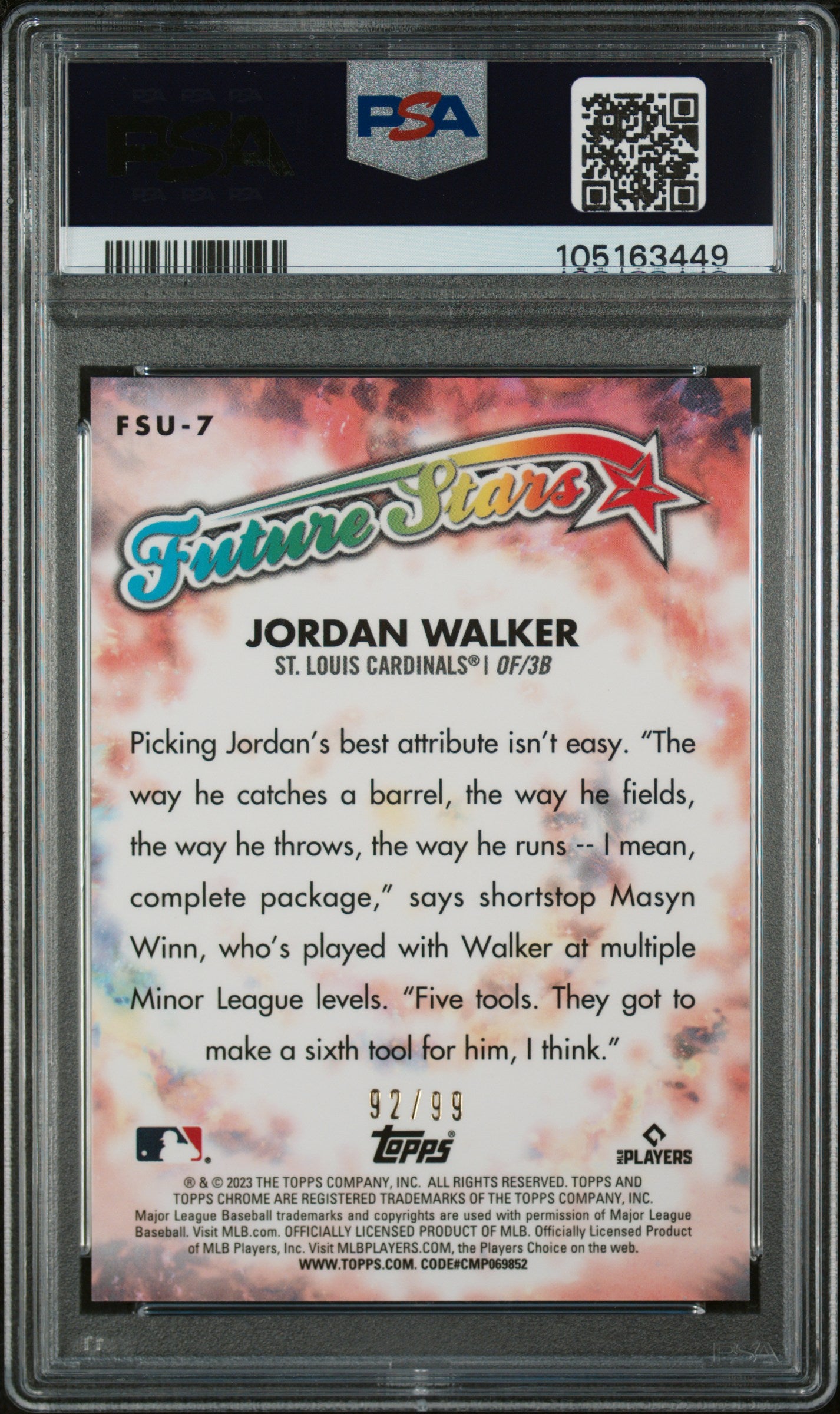 2023 Topps Chrome Update Future Stars Green Refractor Jordan Walker #FSU-7 RC /99 PSA 9