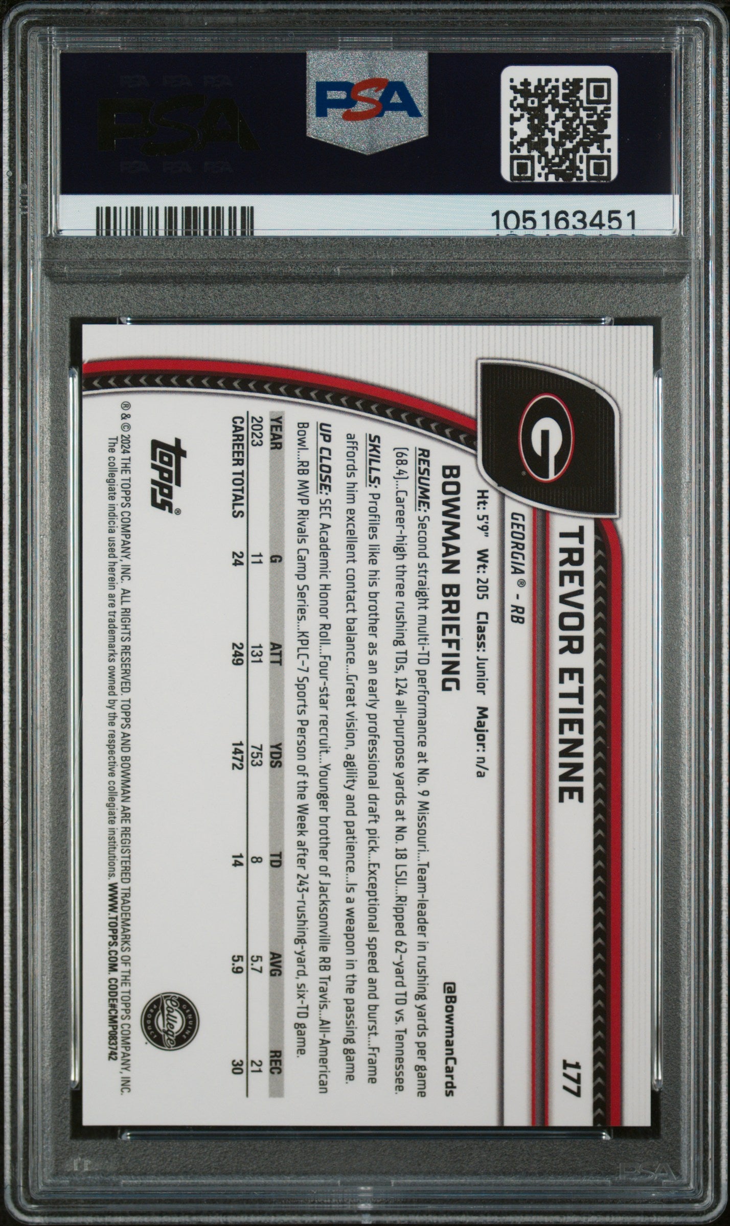 2024 Bowman U Sapphire Yellow Refractor Trevor Etienne #177 /75 PSA 9